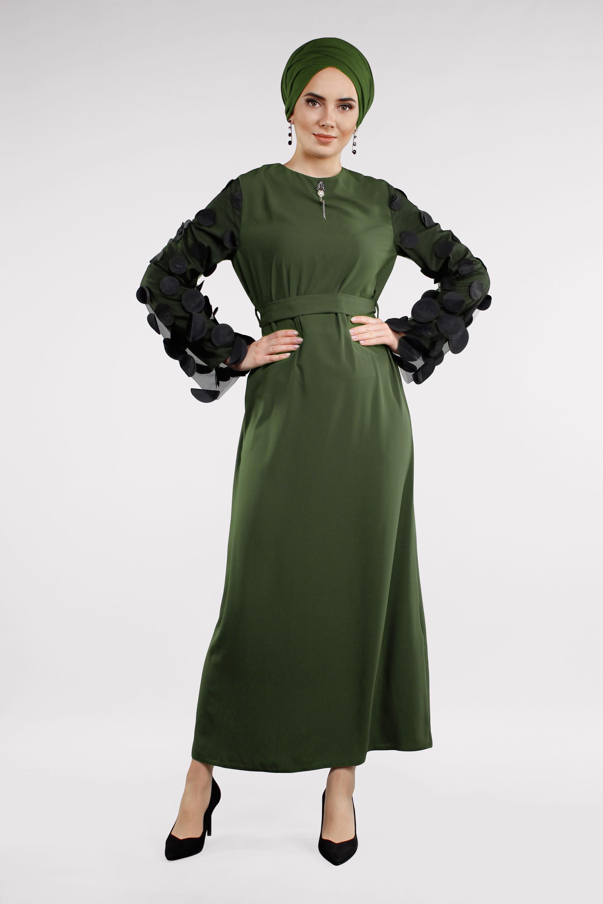 Tesettür giyim HAKİ KOLLARI TÜL DETAYLI ELBİSE  4499 