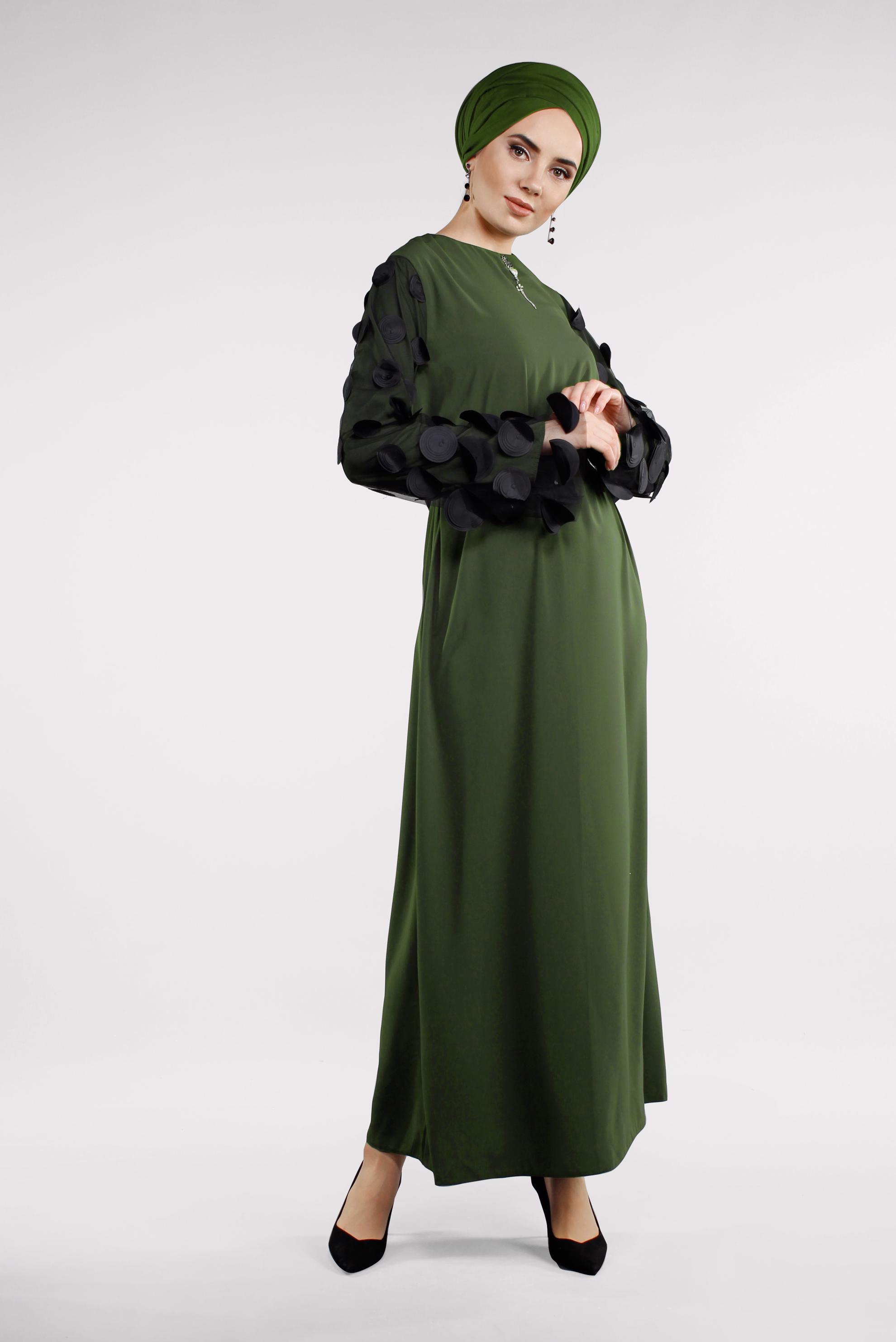 Tesettür giyim HAKİ KOLLARI TÜL DETAYLI ELBİSE  4499 