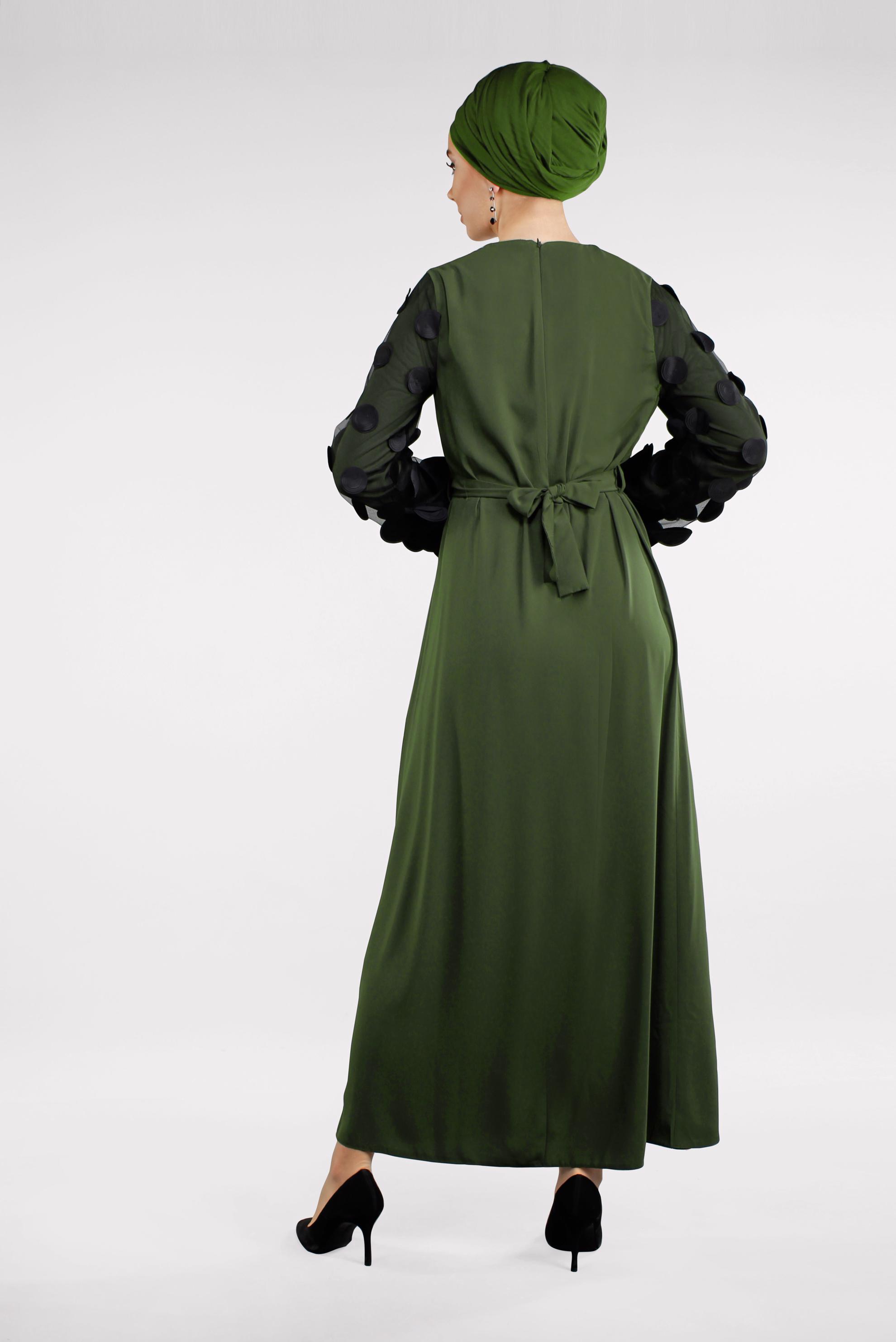 Tesettür giyim HAKİ KOLLARI TÜL DETAYLI ELBİSE  4499 