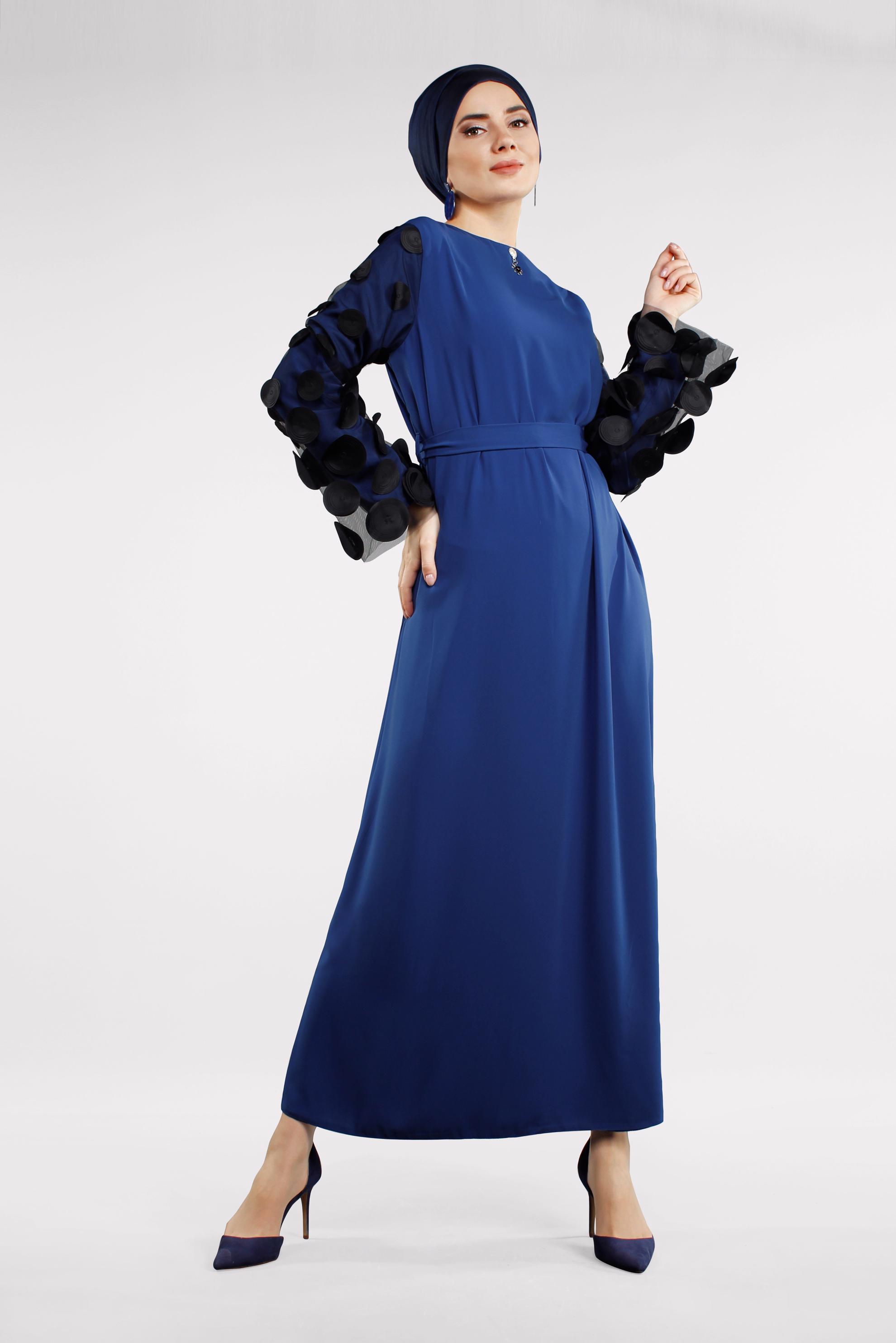 Tesettür giyim LACİVERT KOLLARI TÜL DETAYLI ELBİSE  4499 