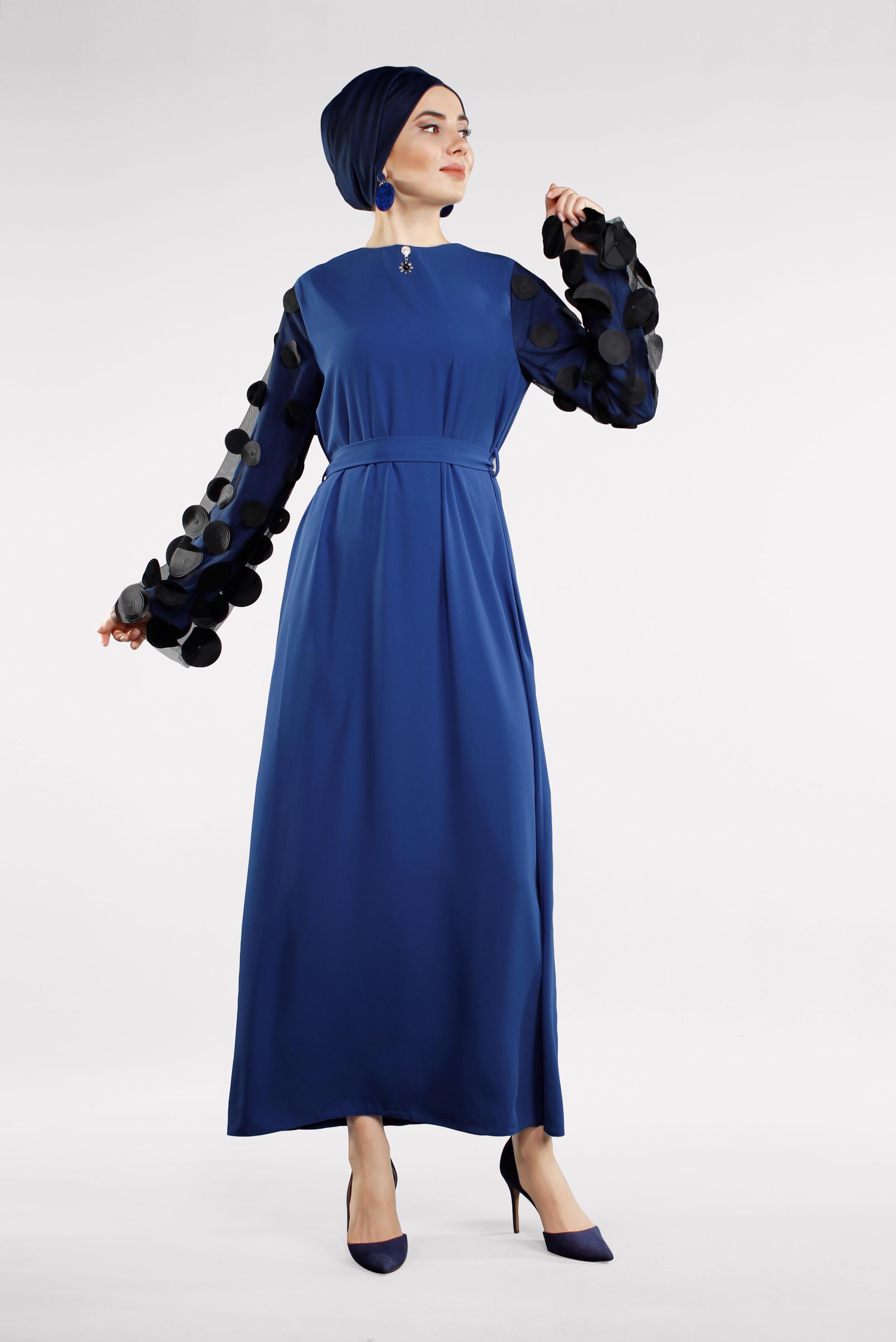 Tesettür giyim LACİVERT KOLLARI TÜL DETAYLI ELBİSE  4499 