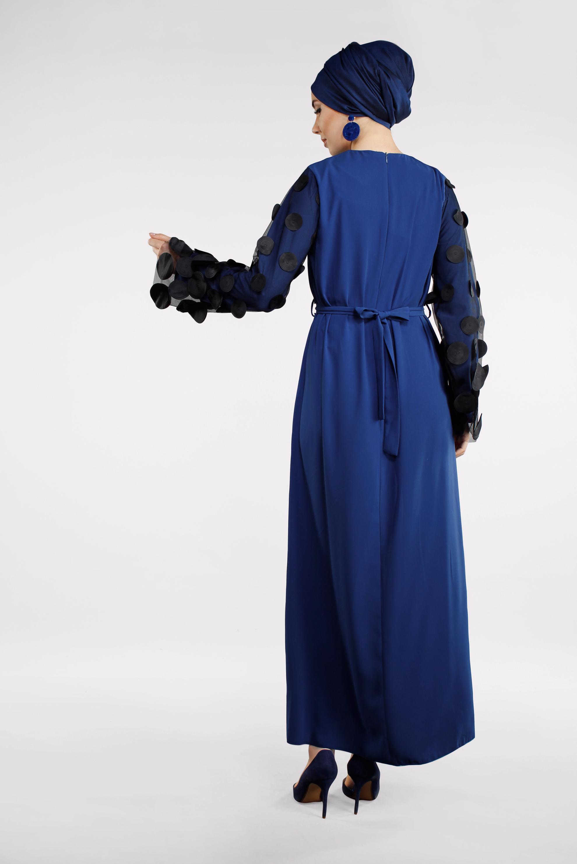 Tesettür giyim LACİVERT KOLLARI TÜL DETAYLI ELBİSE  4499 