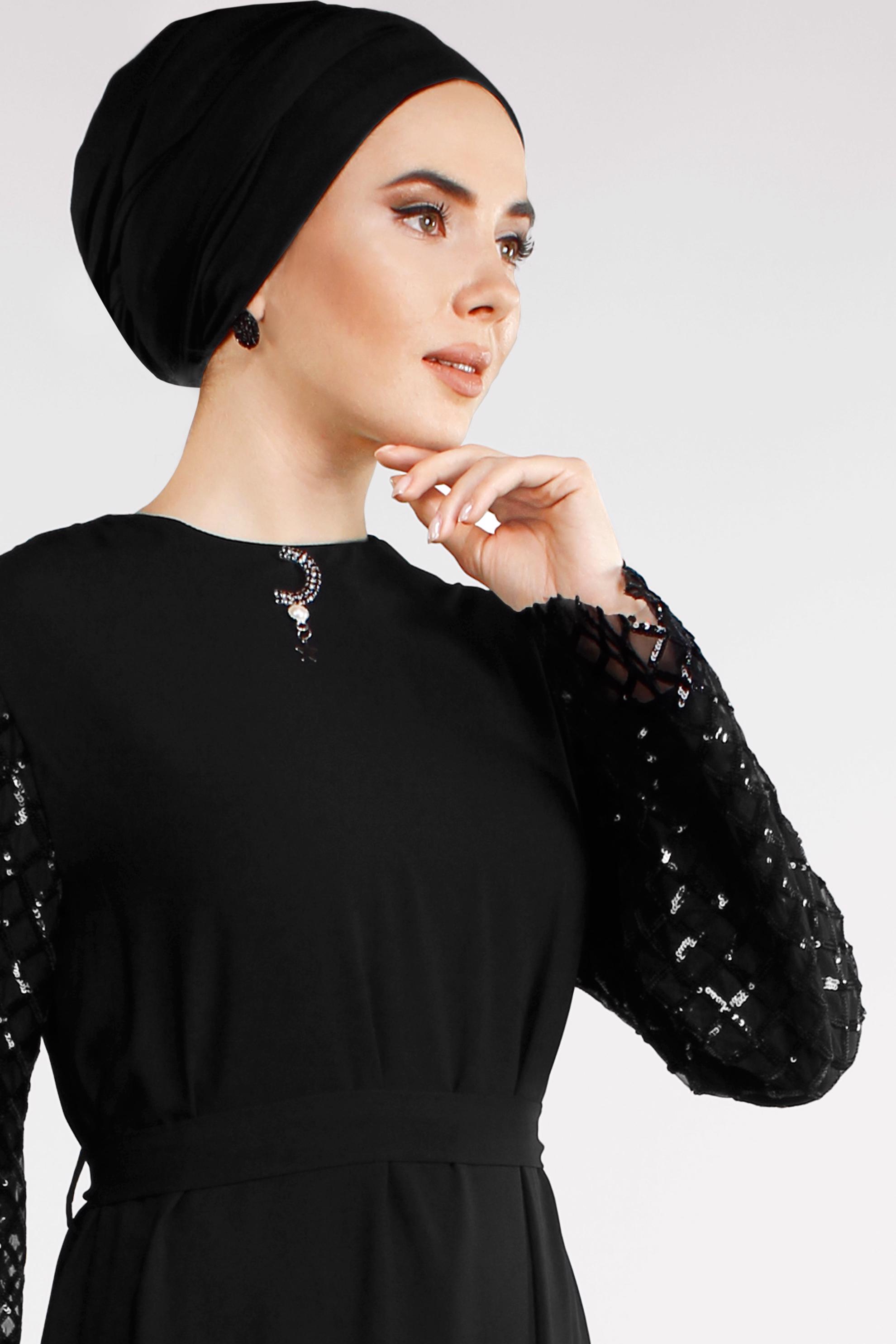 Tesettür giyim SİYAH KOLLARI BAKLAVA DESENLİ ELBİSE 4500 