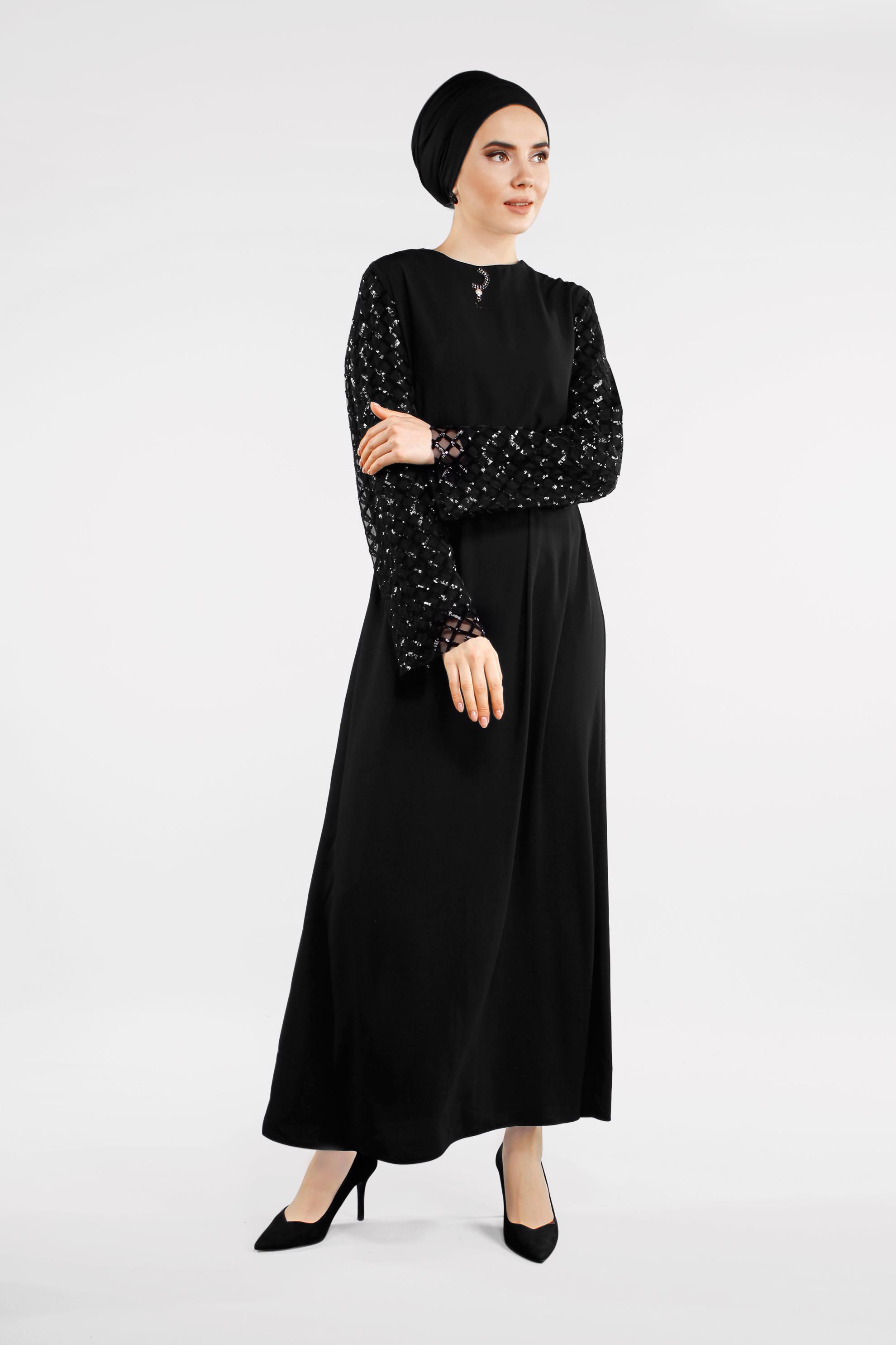 Tesettür giyim SİYAH KOLLARI BAKLAVA DESENLİ ELBİSE 4500 