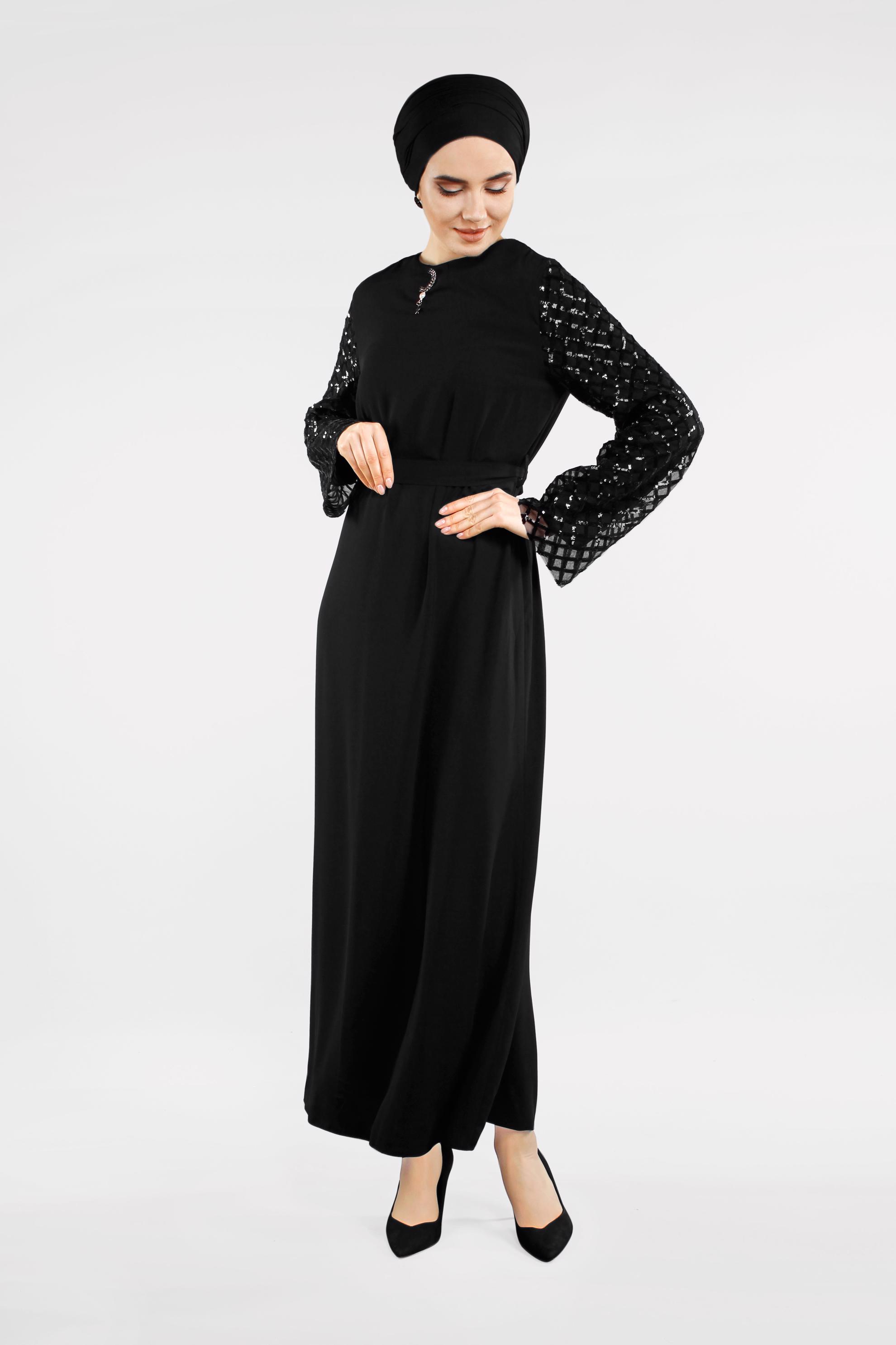 Tesettür giyim SİYAH KOLLARI BAKLAVA DESENLİ ELBİSE 4500 