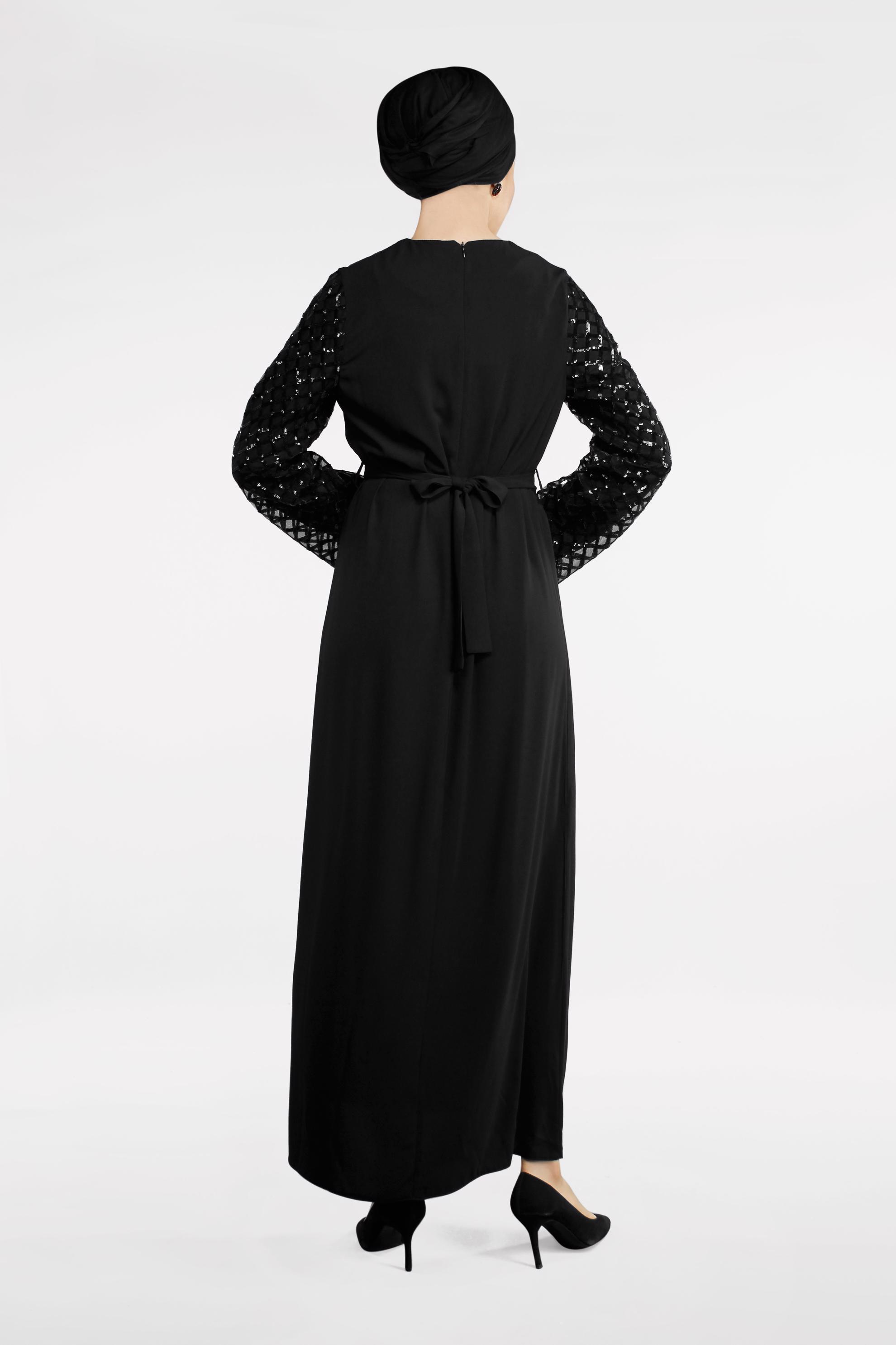 Tesettür giyim SİYAH KOLLARI BAKLAVA DESENLİ ELBİSE 4500 