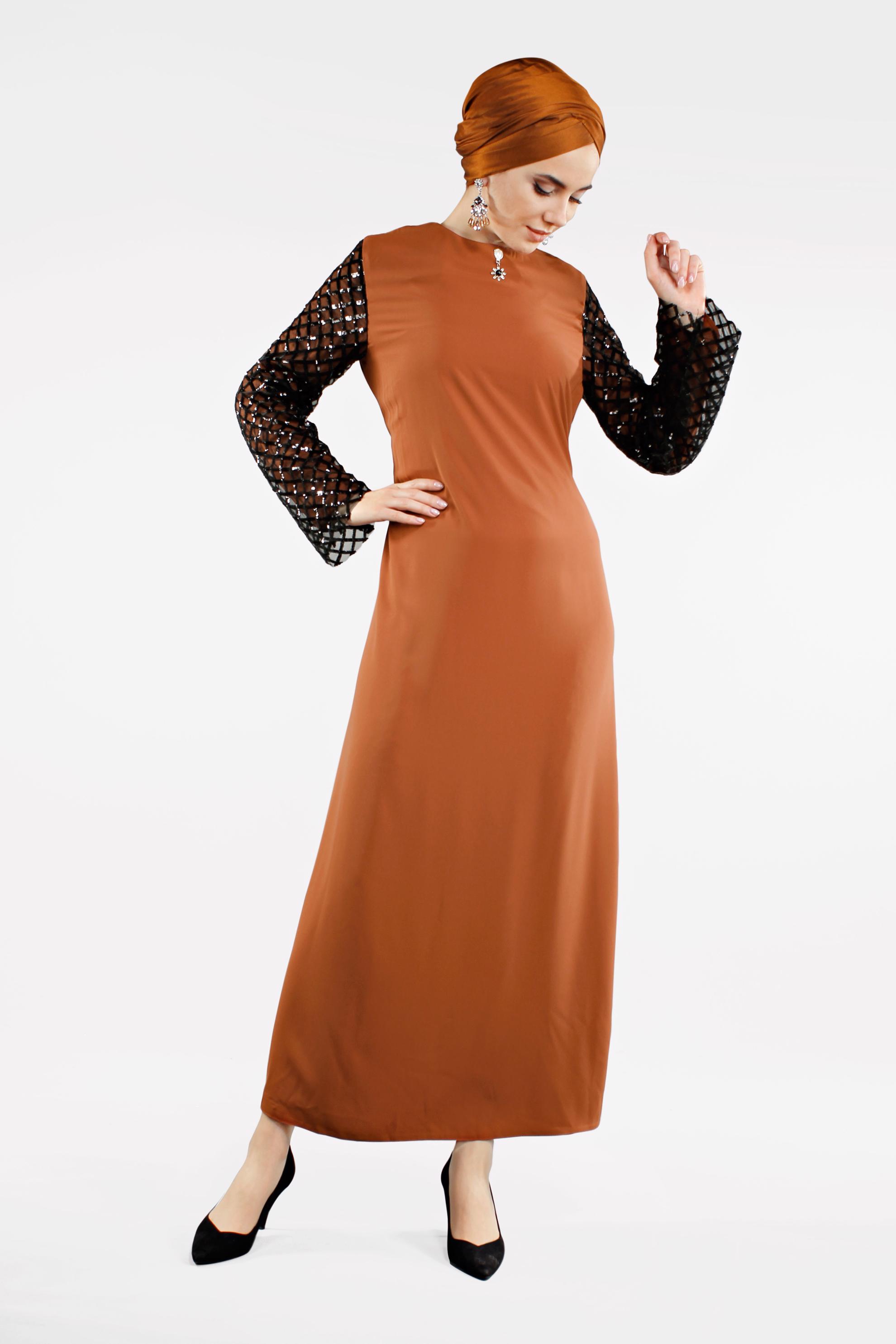 Tesettür giyim TURUNCU KOLLARI BAKLAVA DESENLİ ELBİSE 4500 