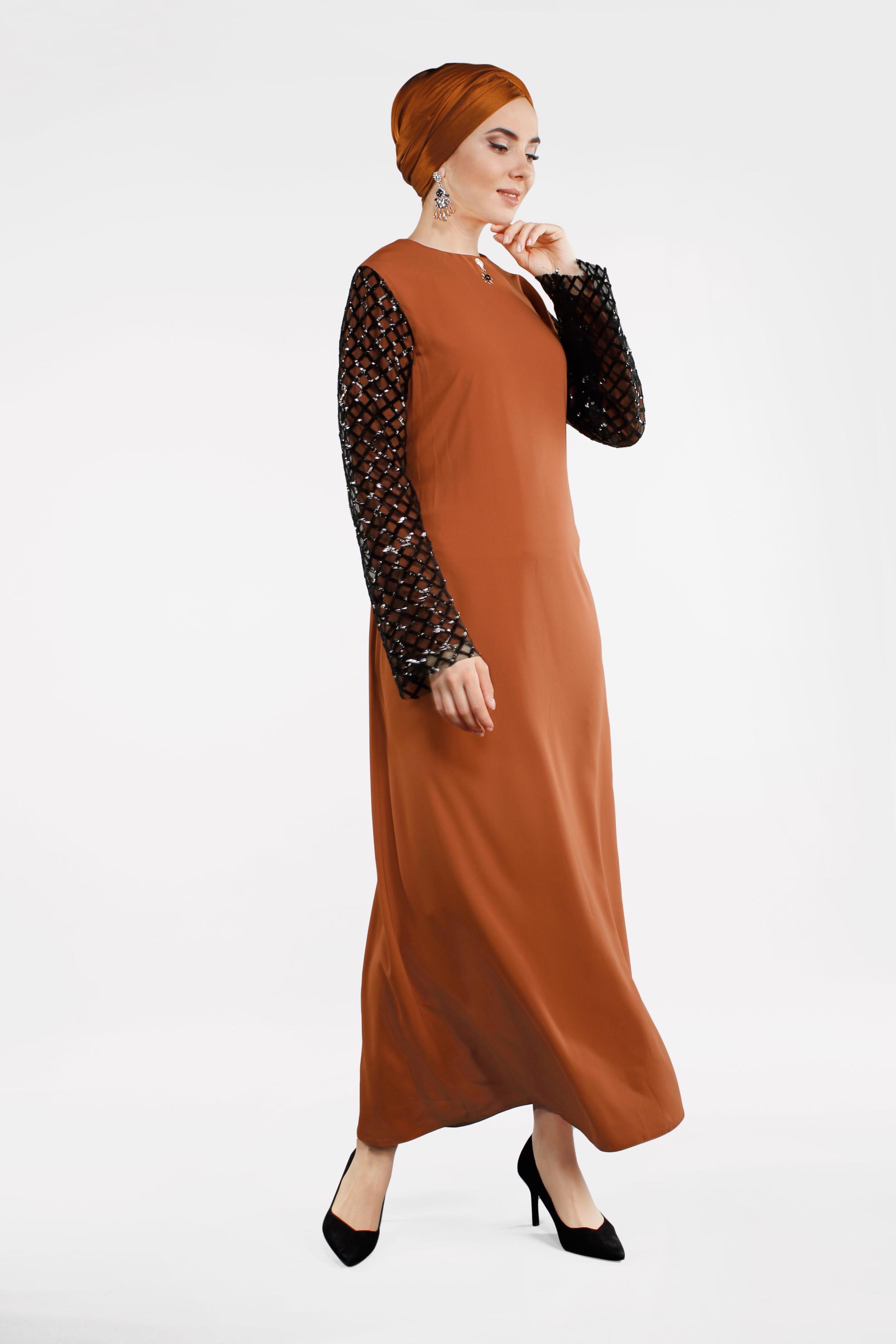 Tesettür giyim TURUNCU KOLLARI BAKLAVA DESENLİ ELBİSE 4500 