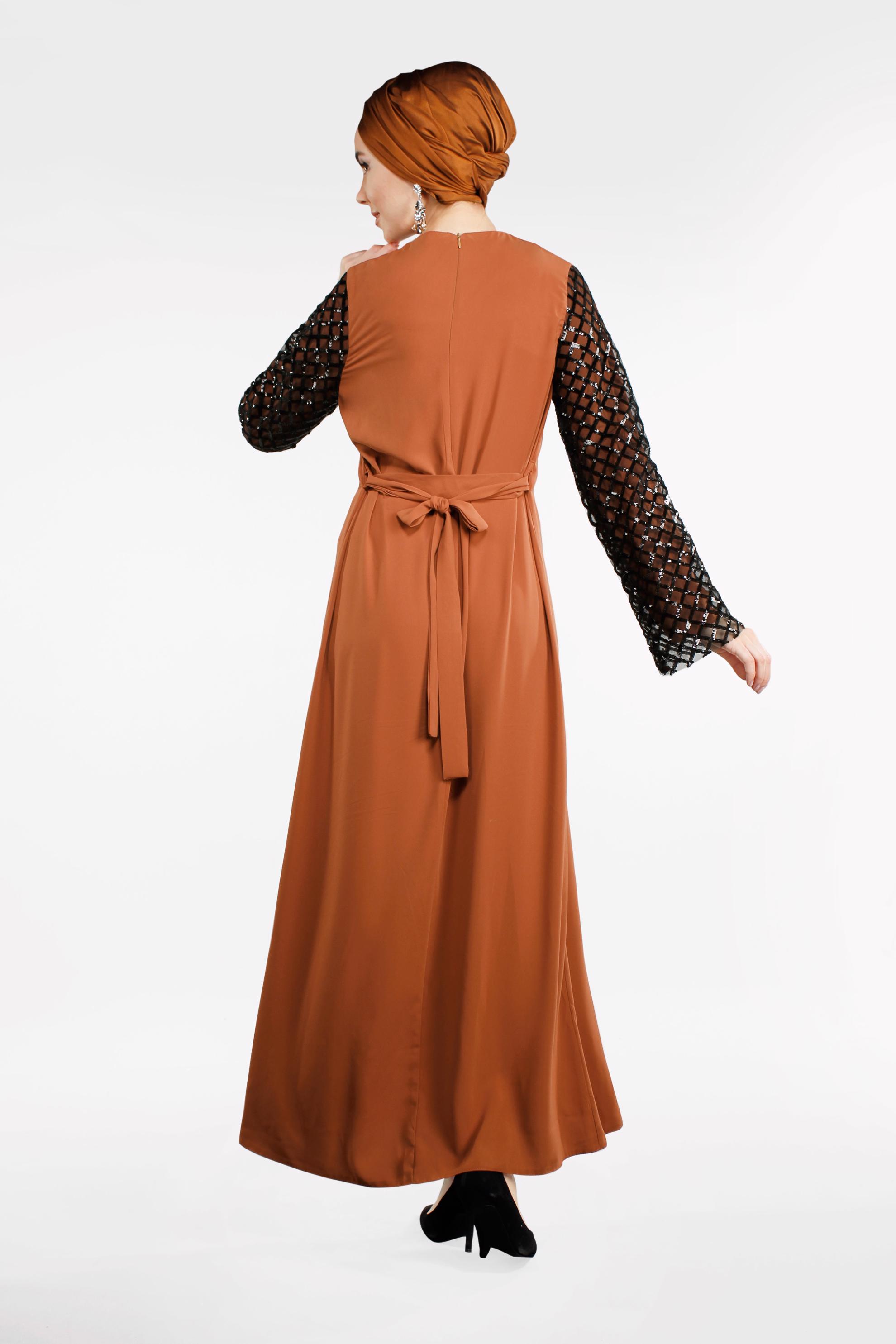 Tesettür giyim TURUNCU KOLLARI BAKLAVA DESENLİ ELBİSE 4500 