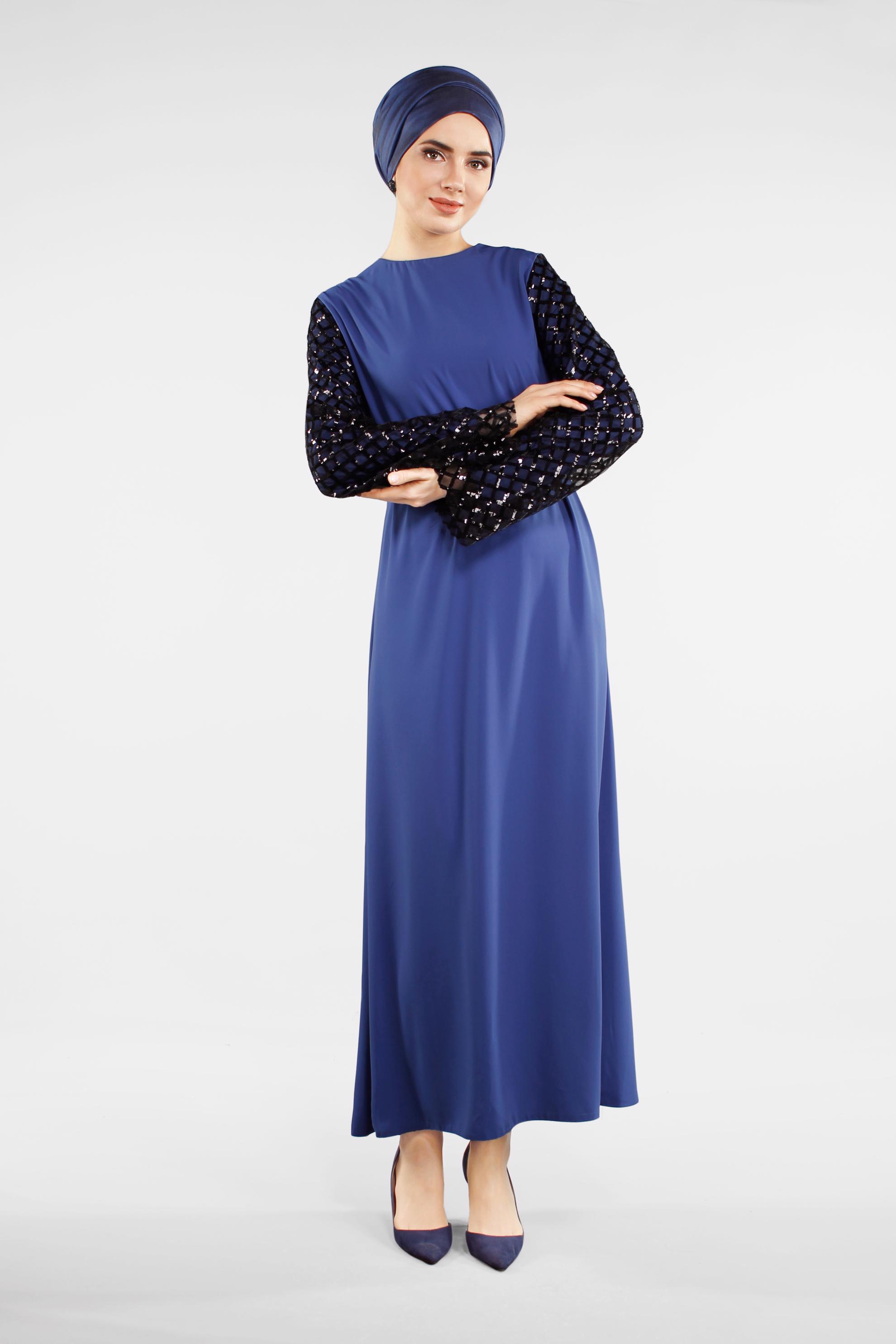 Tesettür giyim LACİVERT KOLLARI BAKLAVA DESENLİ ELBİSE 4500 