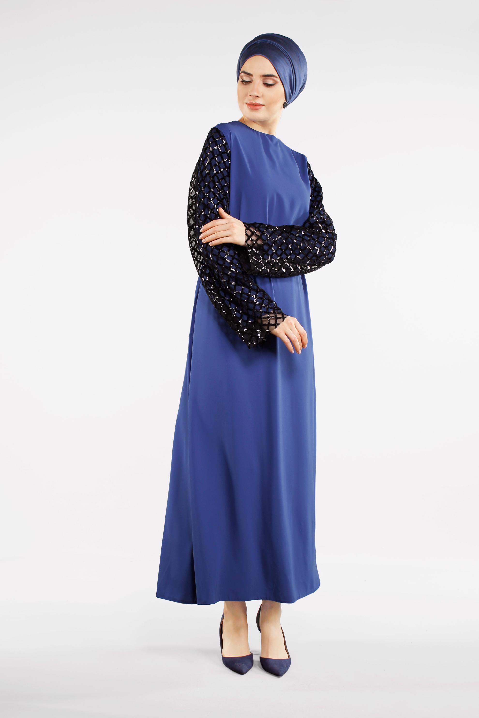 Tesettür giyim LACİVERT KOLLARI BAKLAVA DESENLİ ELBİSE 4500 
