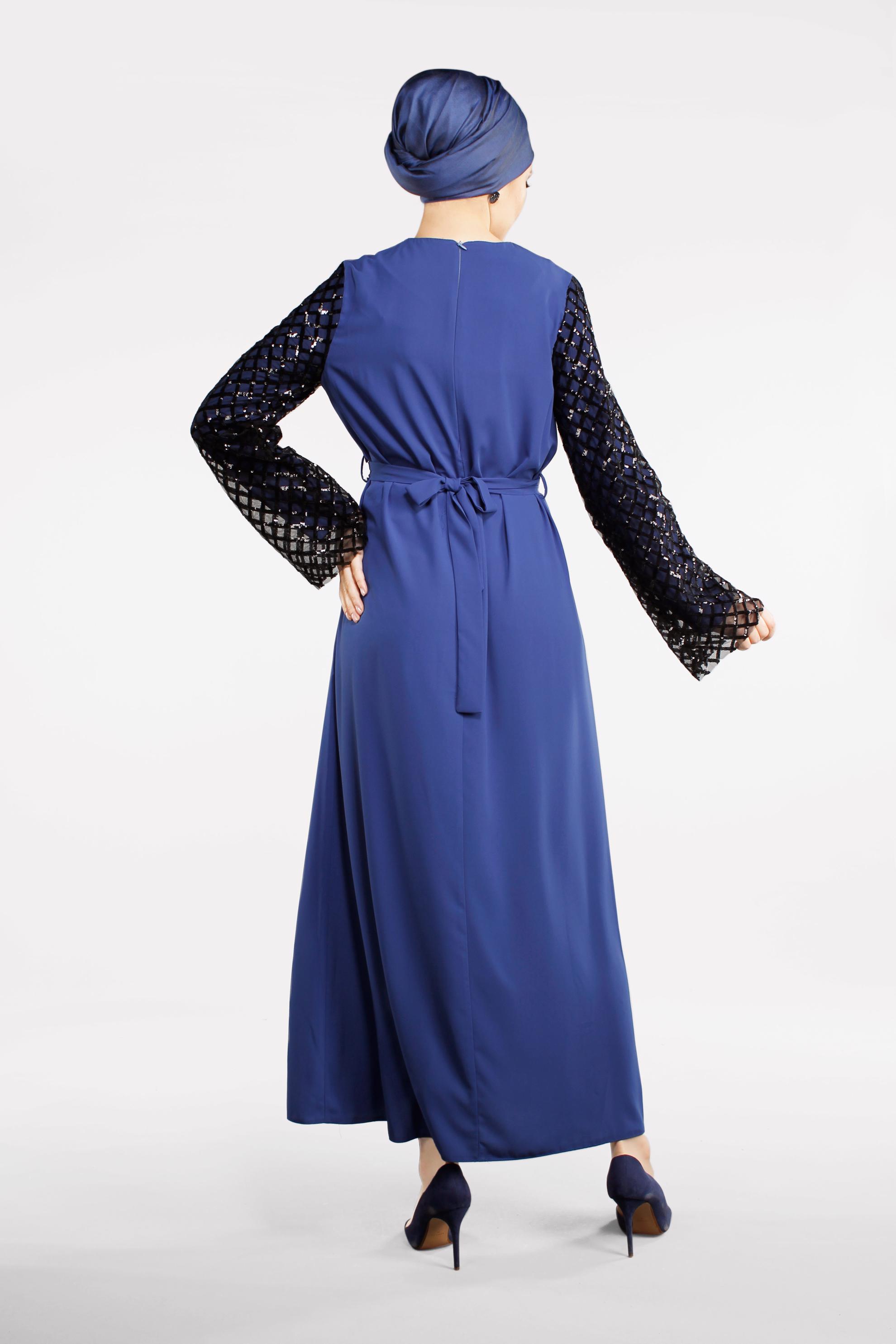 Tesettür giyim LACİVERT KOLLARI BAKLAVA DESENLİ ELBİSE 4500 