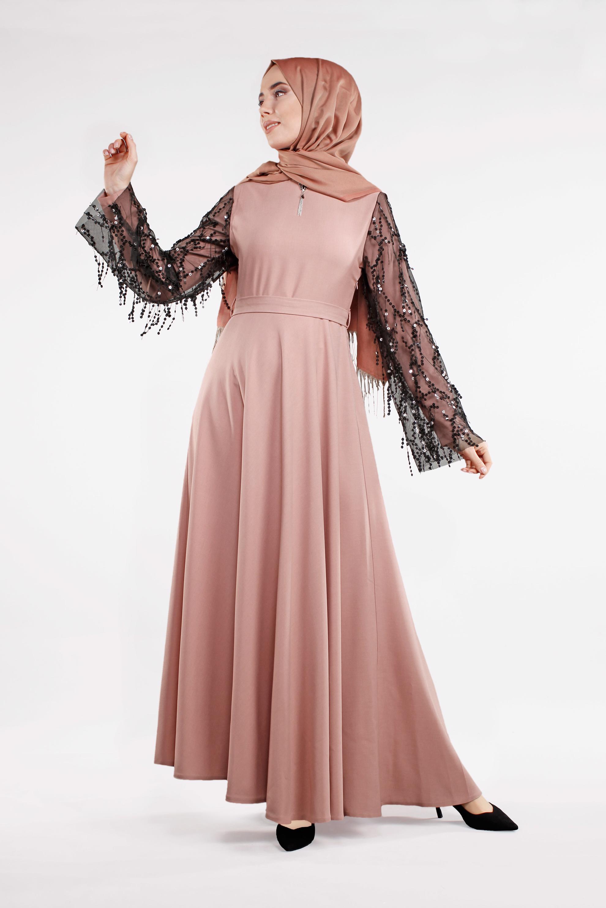 Tesettür giyim PUDRA KOLLARI PULLU BROŞLU ELBİSE 4501