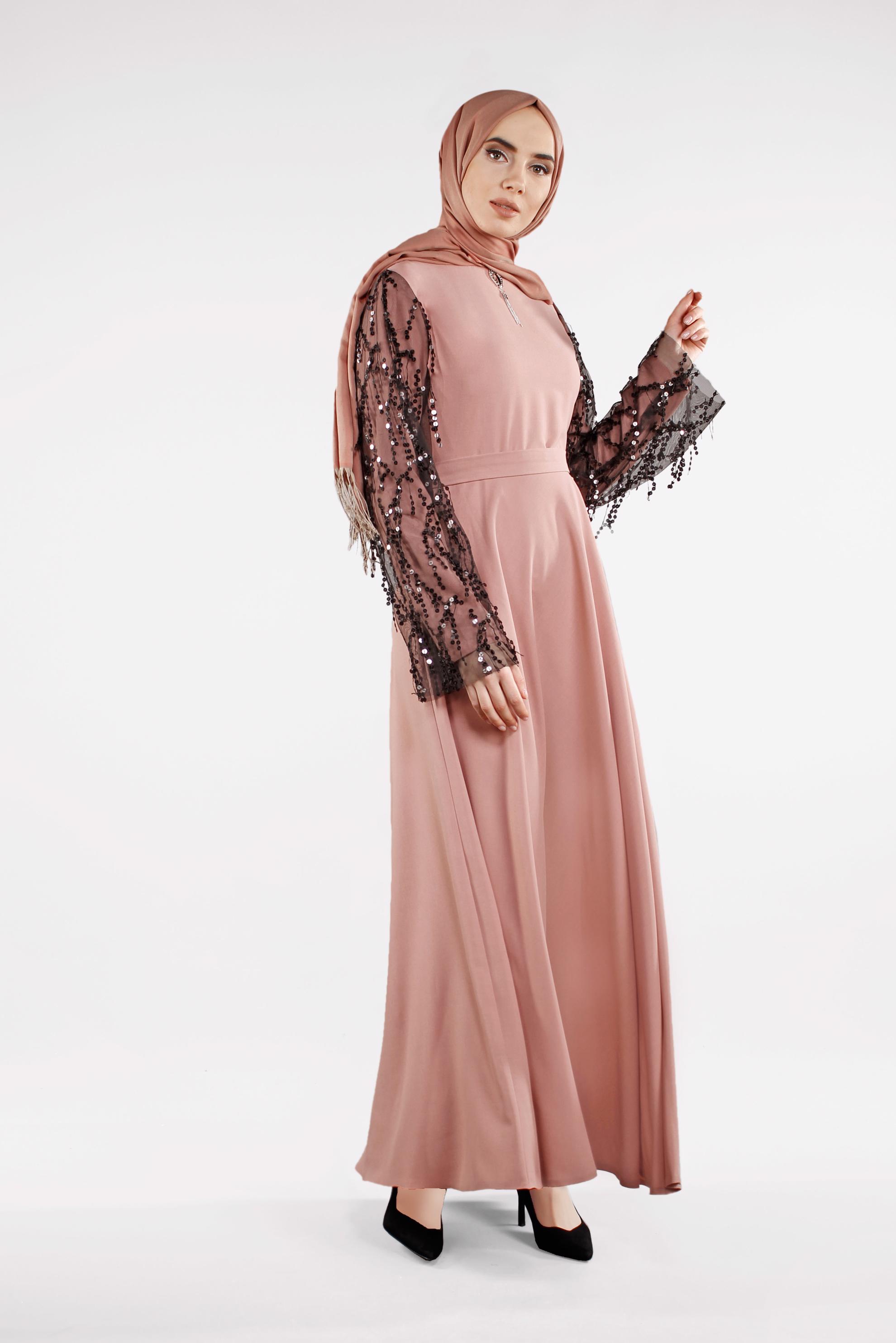 Tesettür giyim PUDRA KOLLARI PULLU BROŞLU ELBİSE 4501