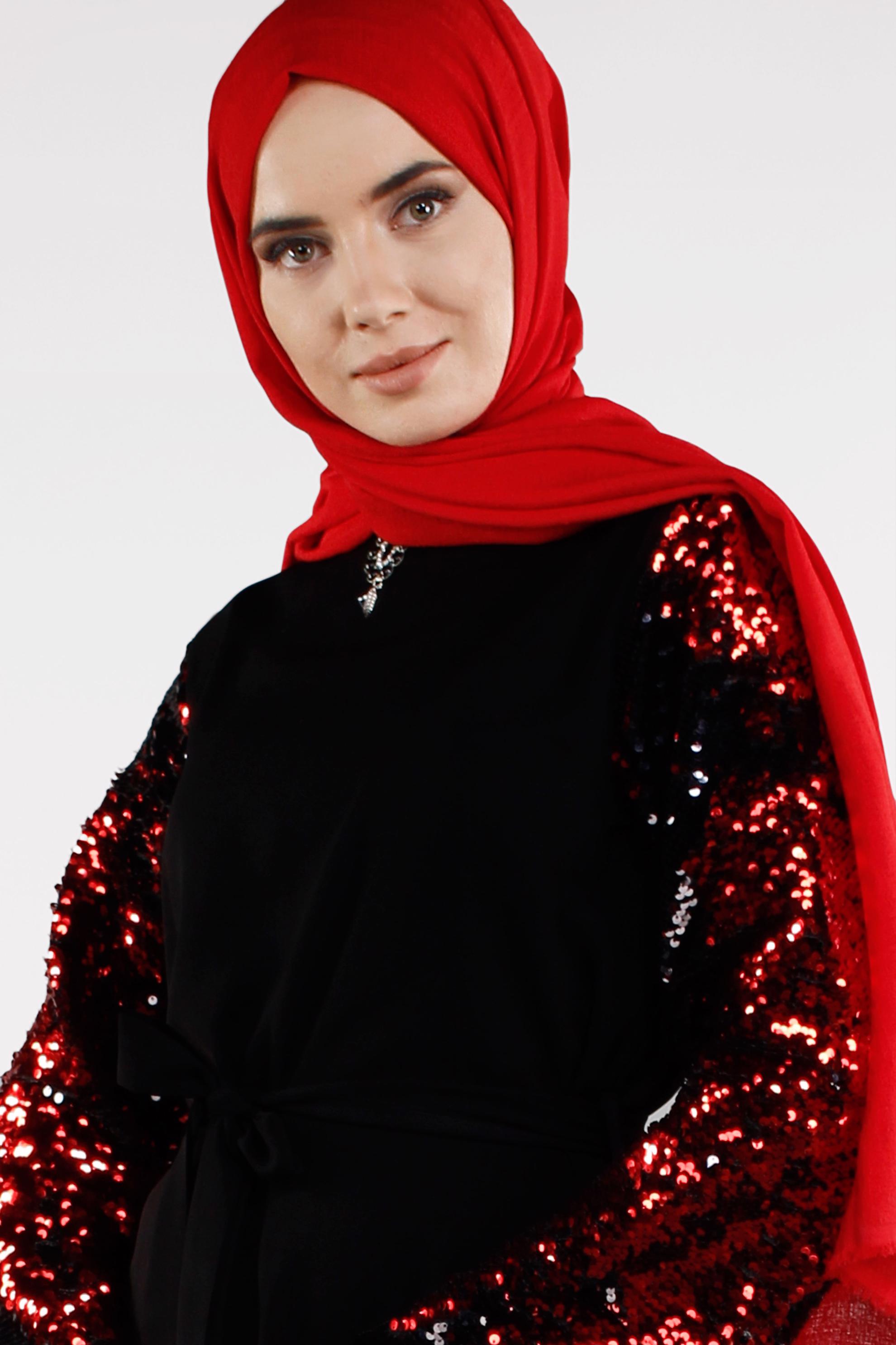 Tesettür giyim SİYAH KOLLARI PUL PAYETLİ ELBİSE 4504 