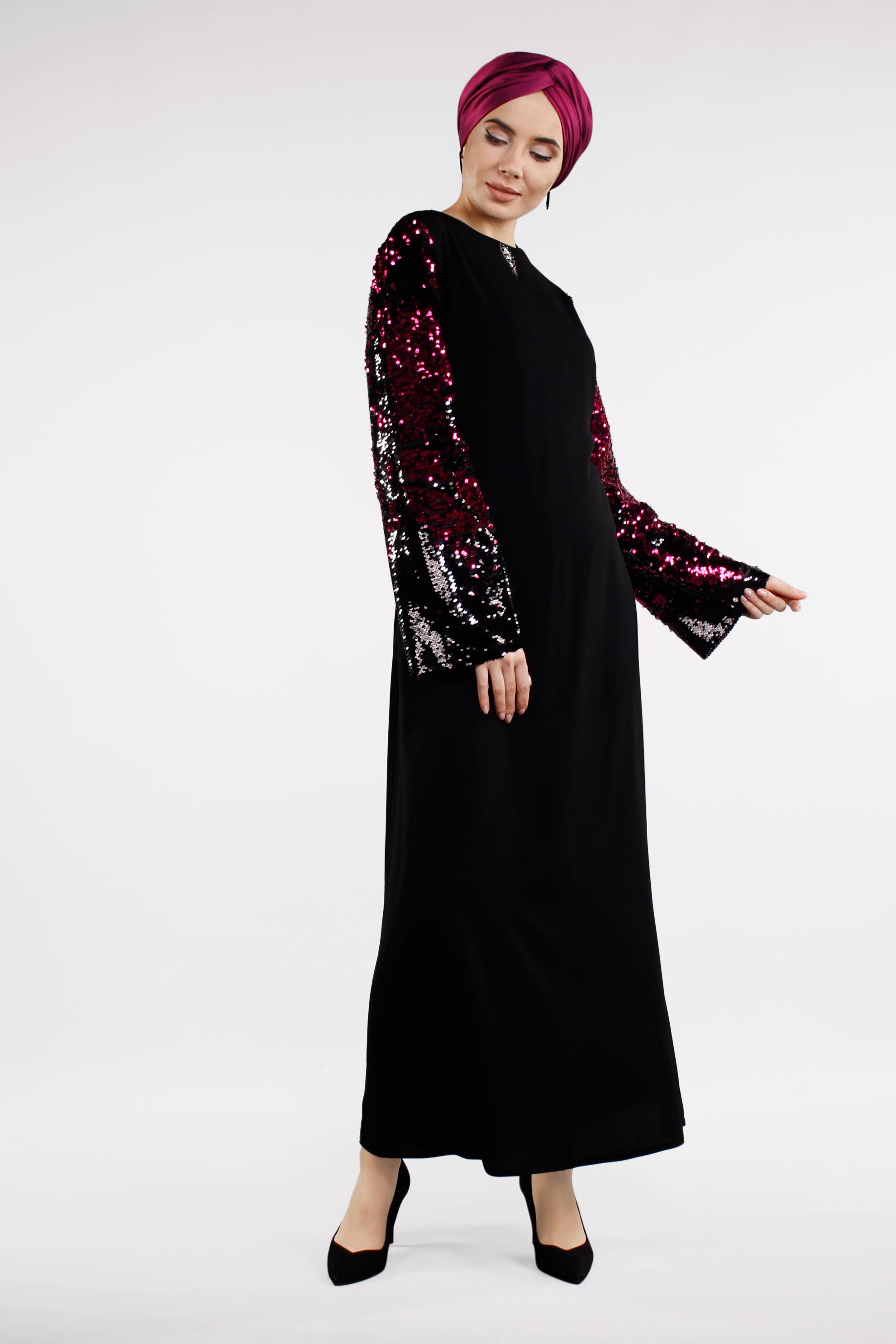 Tesettür giyim SİYAH KOLLARI PUL PAYETLİ ELBİSE 4504 
