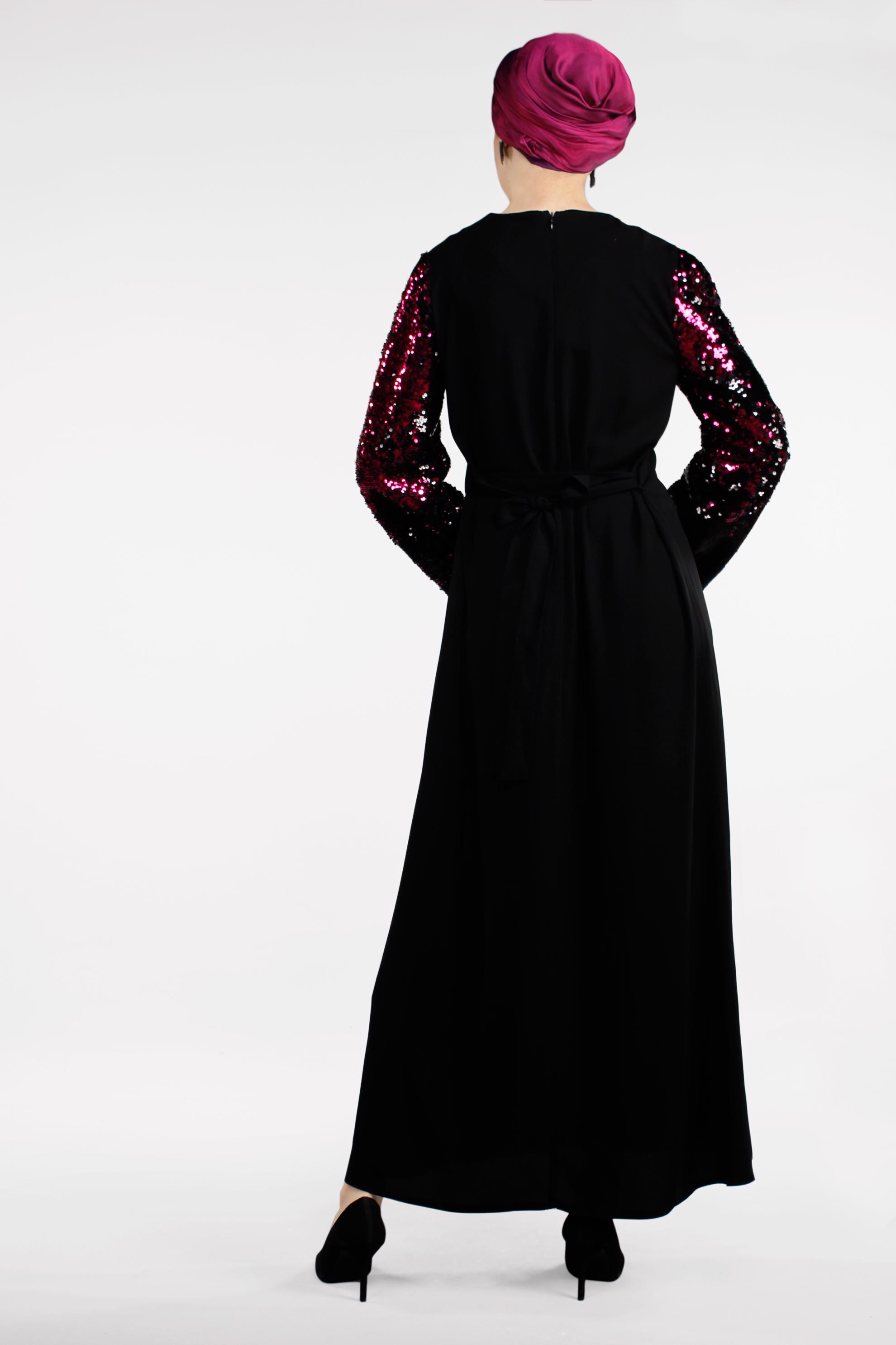 Tesettür giyim SİYAH KOLLARI PUL PAYETLİ ELBİSE 4504 