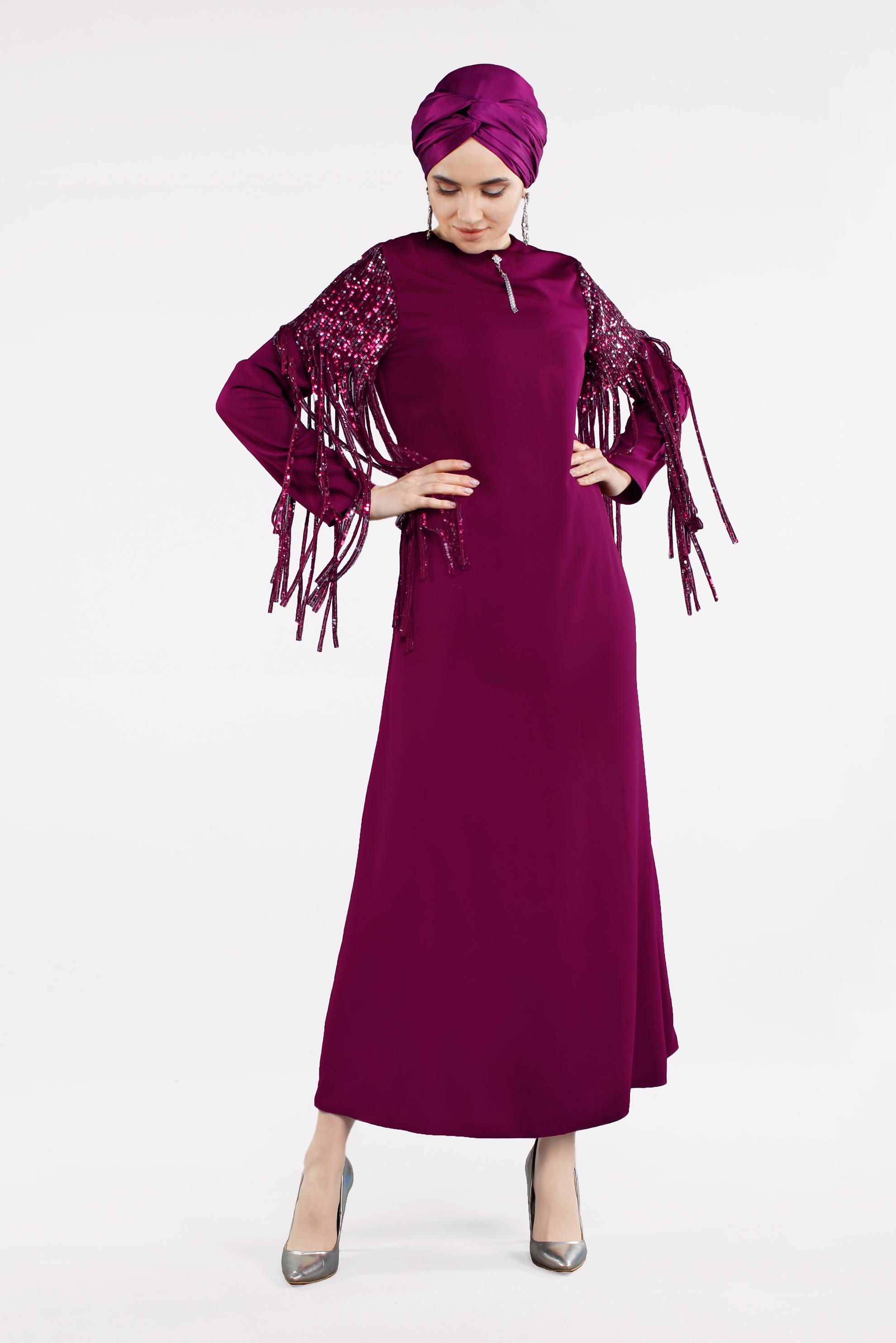 Tesettür giyim MÜRDÜM PAYET PÜSKÜL DETAYLI ELBİSE 4507 