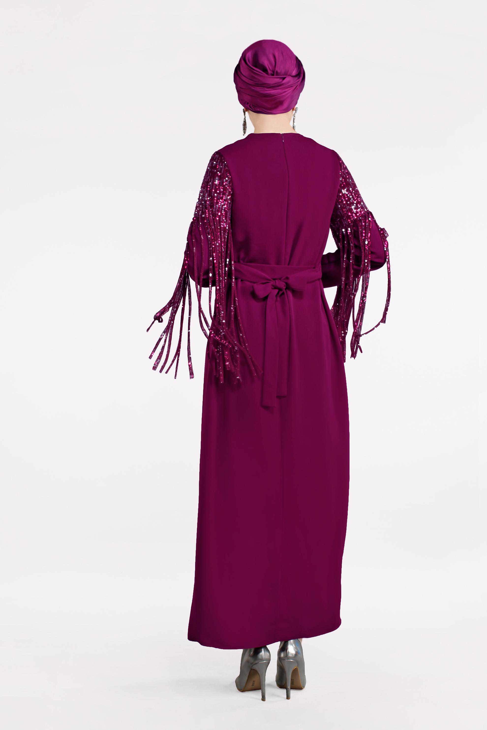 Tesettür giyim MÜRDÜM PAYET PÜSKÜL DETAYLI ELBİSE 4507 