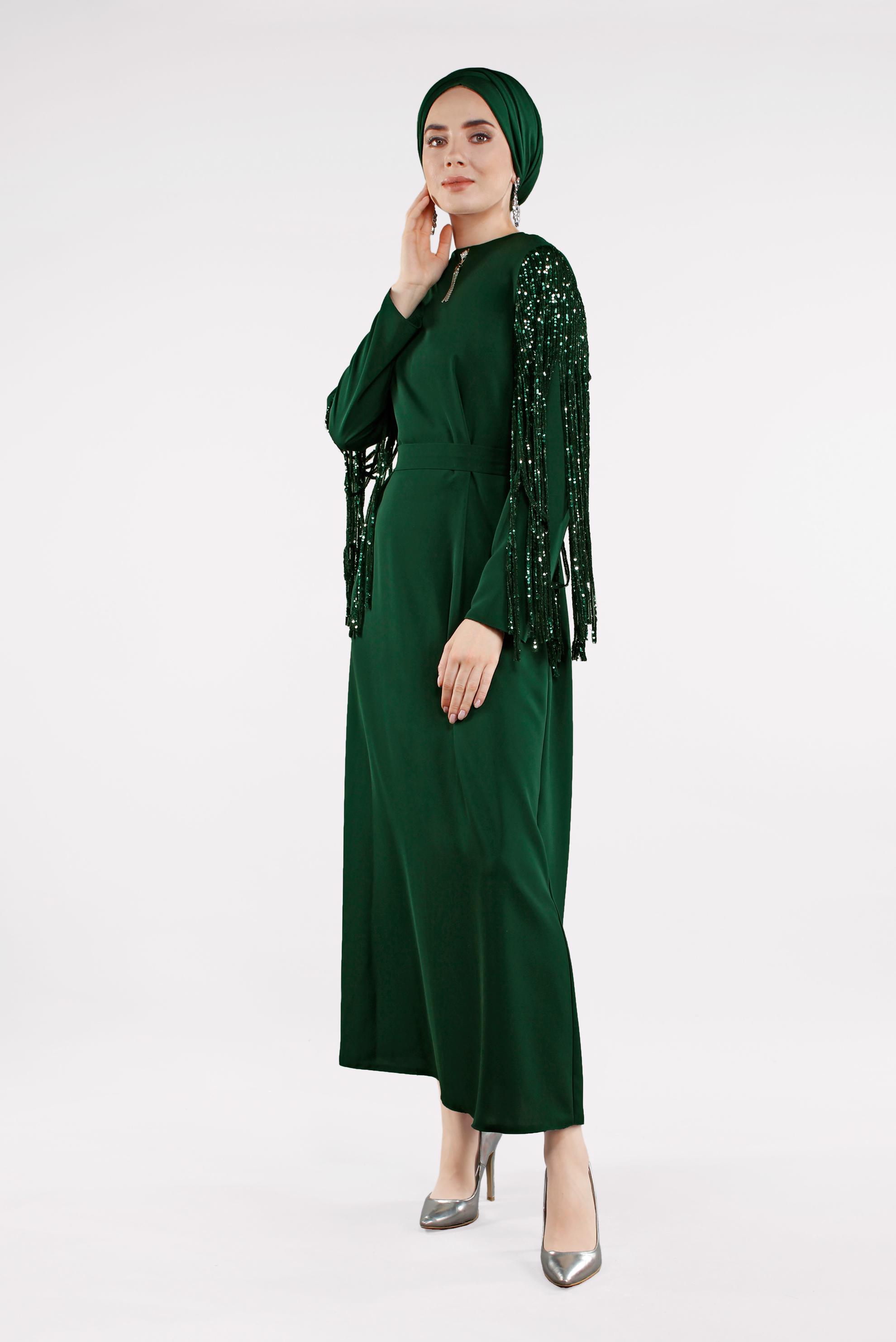 Tesettür giyim YEŞİL PAYET PÜSKÜL DETAYLI ELBİSE 4507 