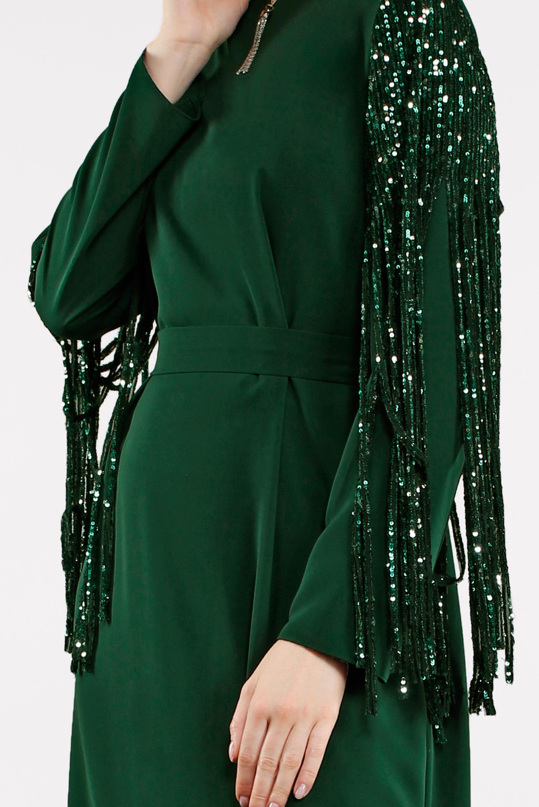 Tesettür giyim YEŞİL PAYET PÜSKÜL DETAYLI ELBİSE 4507 