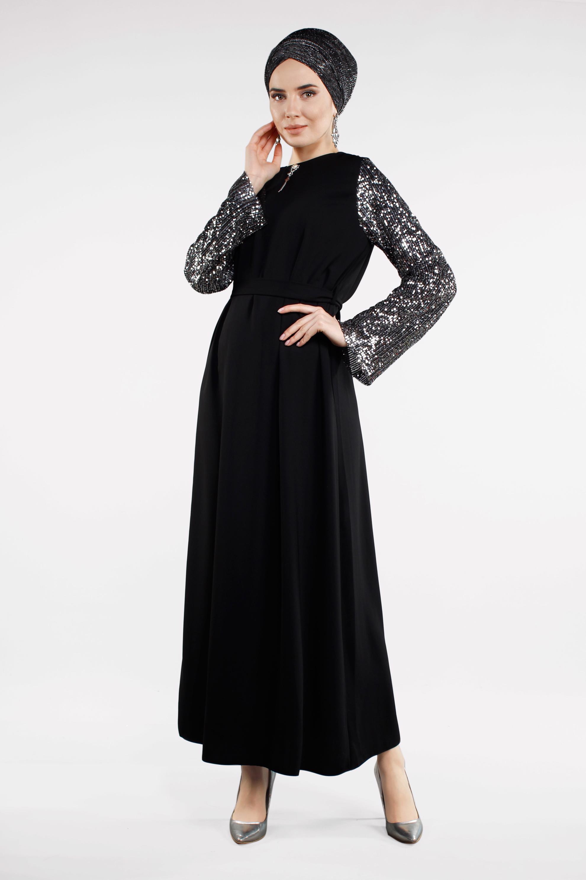 Tesettür giyim SİYAH KOLLARI PUL PAYETLİ BELİ KUŞAKLI ELBİSE 4508 