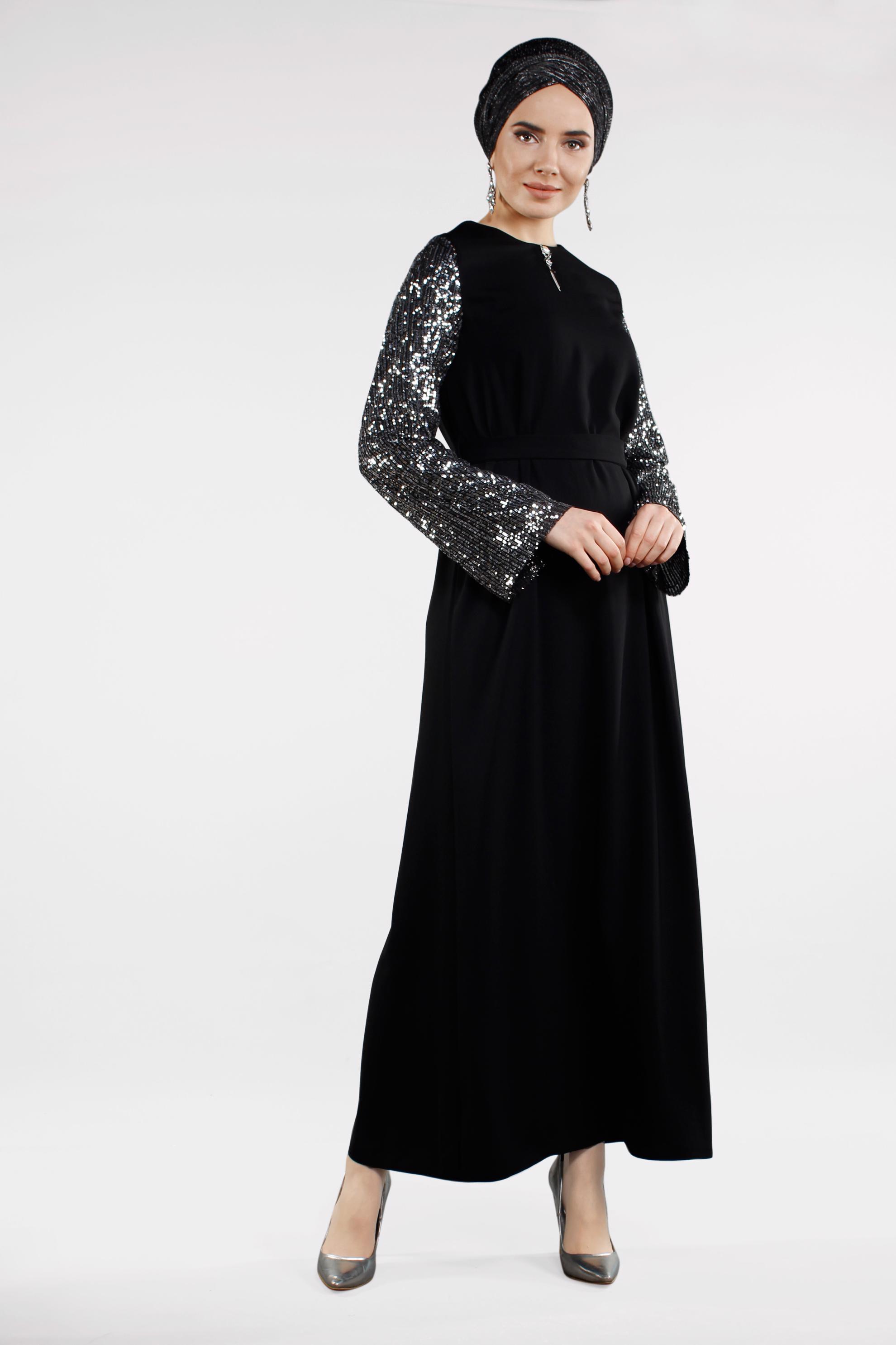 Tesettür giyim SİYAH KOLLARI PUL PAYETLİ BELİ KUŞAKLI ELBİSE 4508 