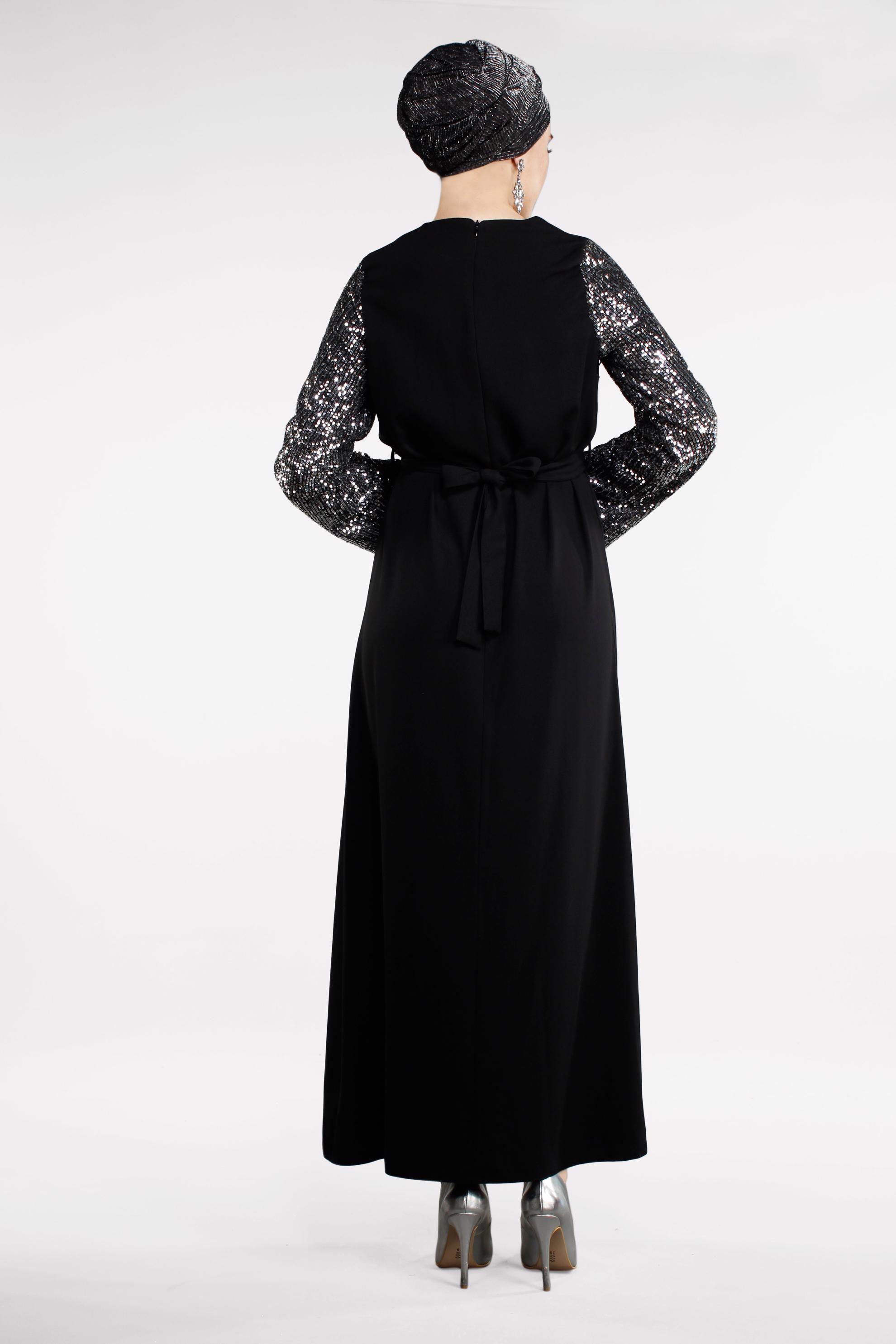 Tesettür giyim SİYAH KOLLARI PUL PAYETLİ BELİ KUŞAKLI ELBİSE 4508 