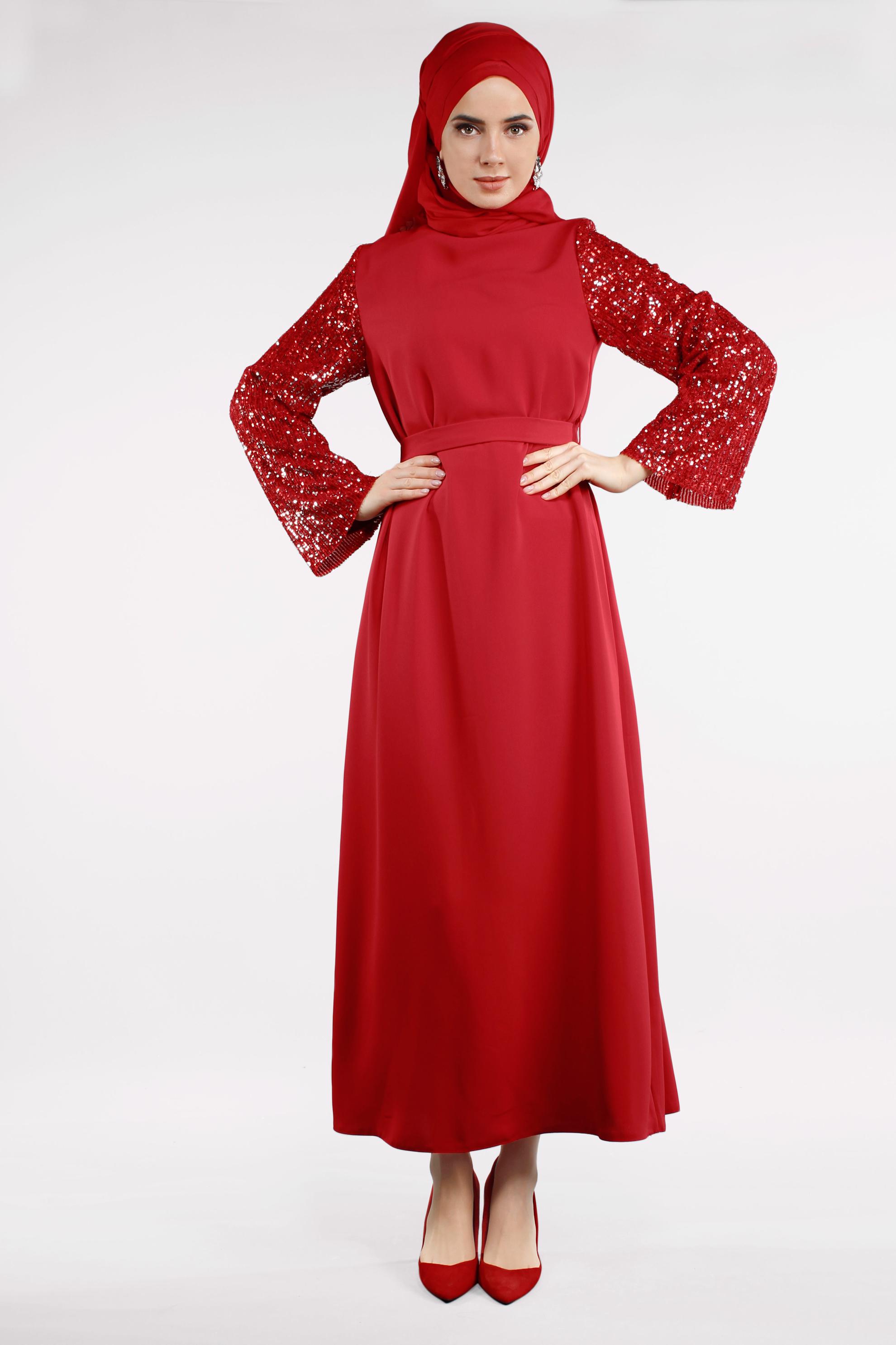 Tesettür giyim KIRMIZI KOLLARI PUL PAYETLİ BELİ KUŞAKLI ELBİSE 4508 