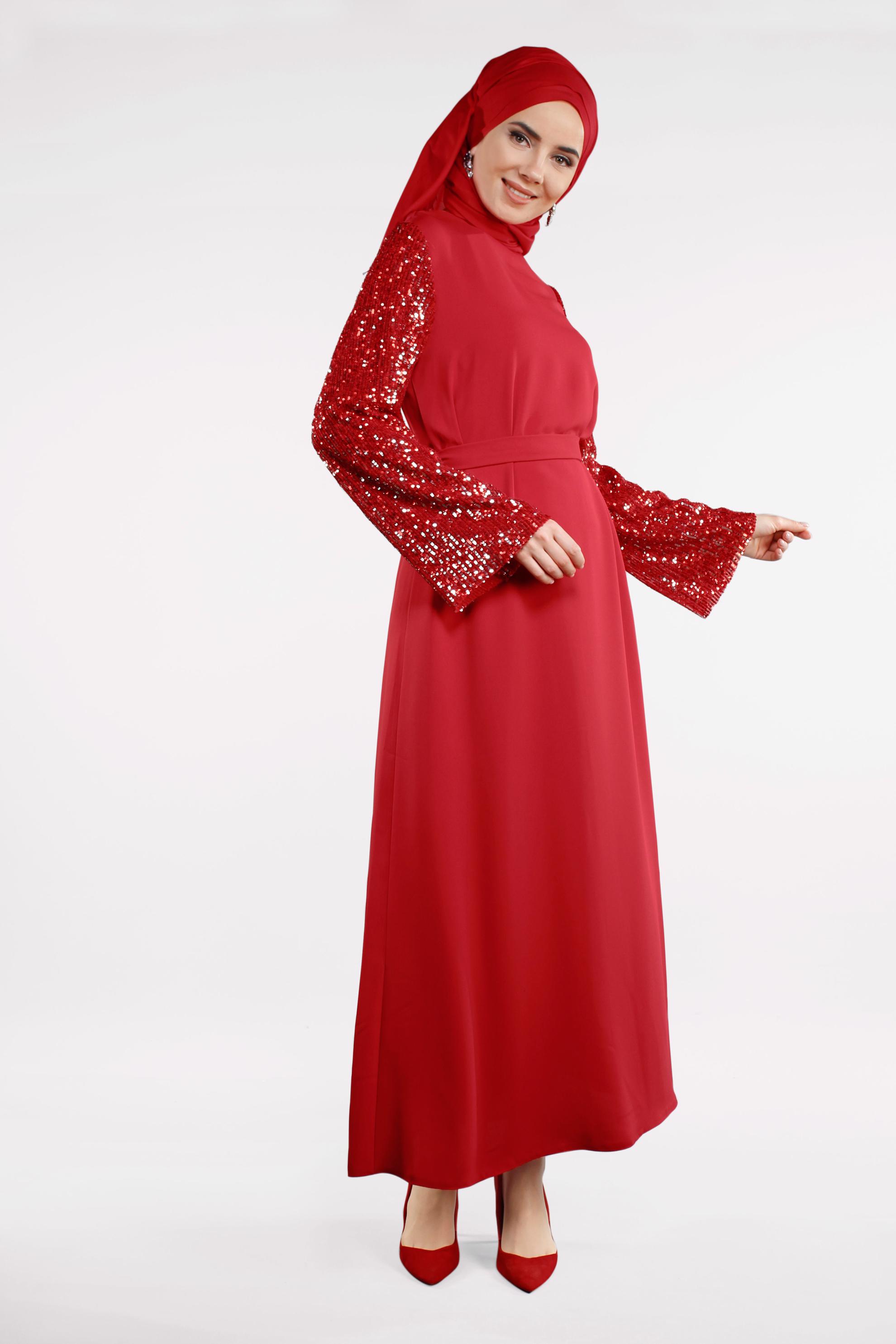 Tesettür giyim KIRMIZI KOLLARI PUL PAYETLİ BELİ KUŞAKLI ELBİSE 4508 