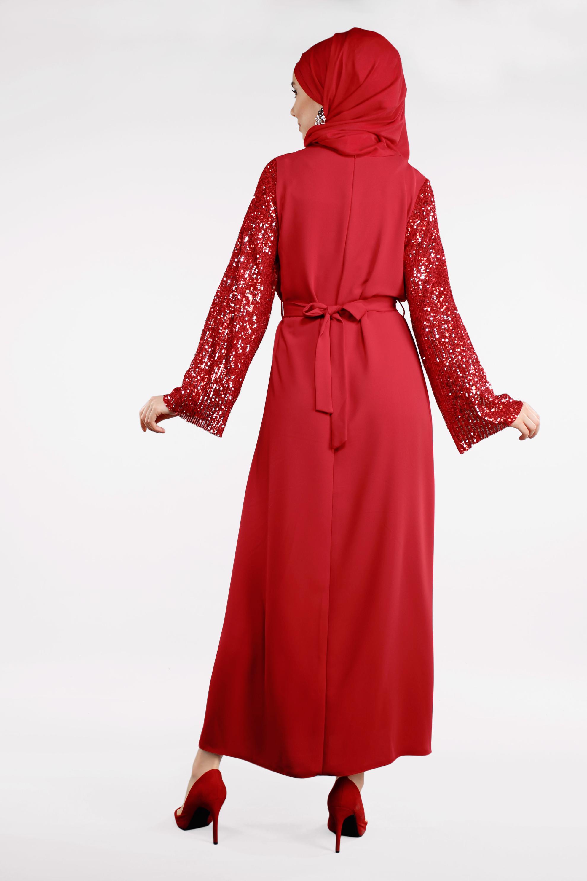 Tesettür giyim KIRMIZI KOLLARI PUL PAYETLİ BELİ KUŞAKLI ELBİSE 4508 