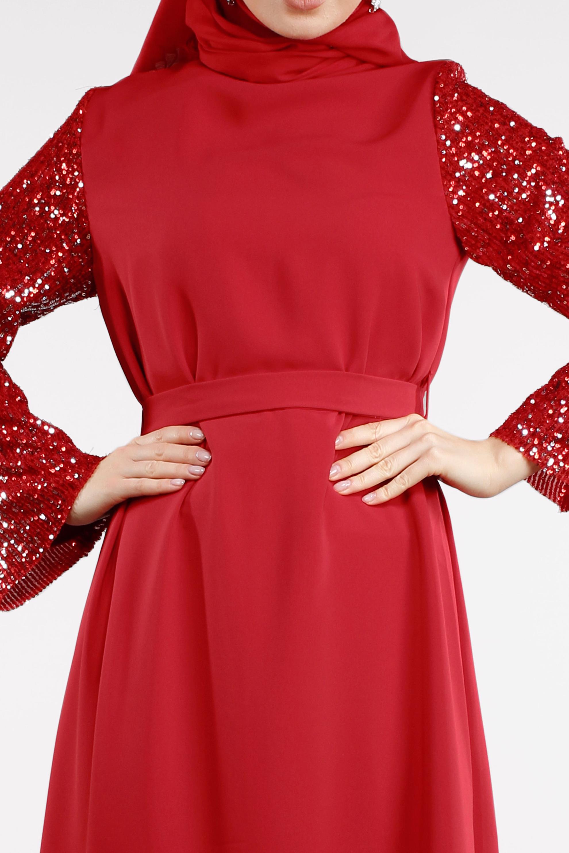 Tesettür giyim KIRMIZI KOLLARI PUL PAYETLİ BELİ KUŞAKLI ELBİSE 4508 