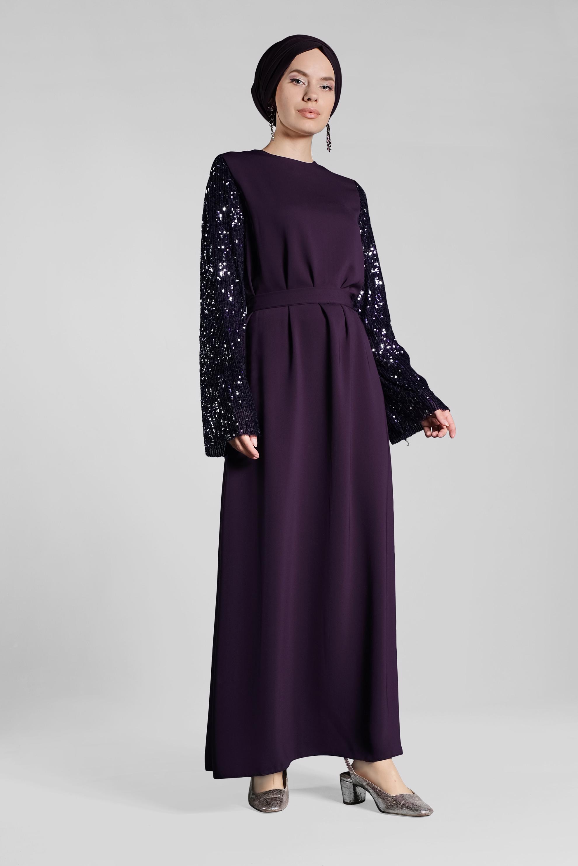 Tesettür giyim MOR KOLLARI PUL PAYETLİ BELİ KUŞAKLI ELBİSE 4508 