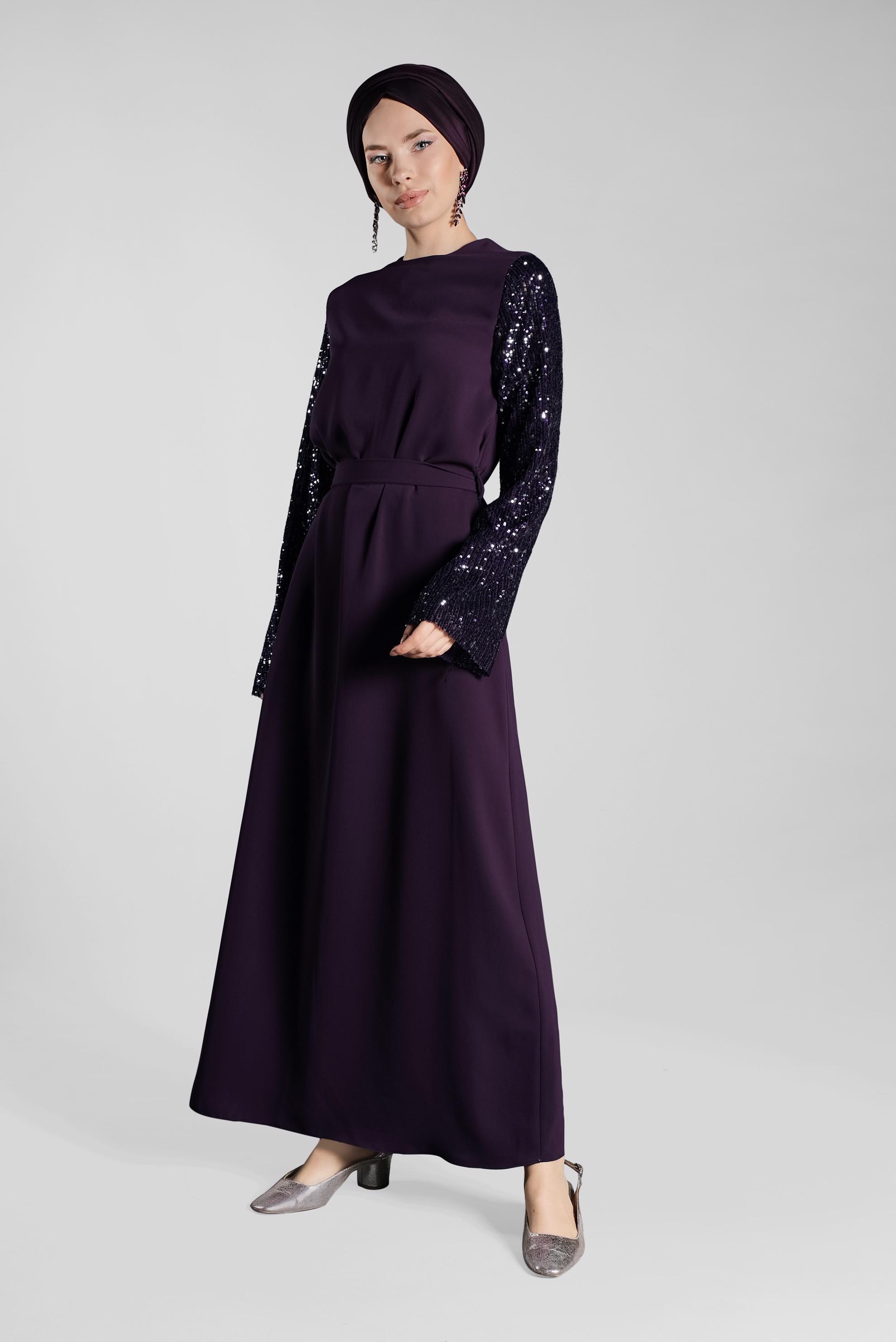 Tesettür giyim MOR KOLLARI PUL PAYETLİ BELİ KUŞAKLI ELBİSE 4508 
