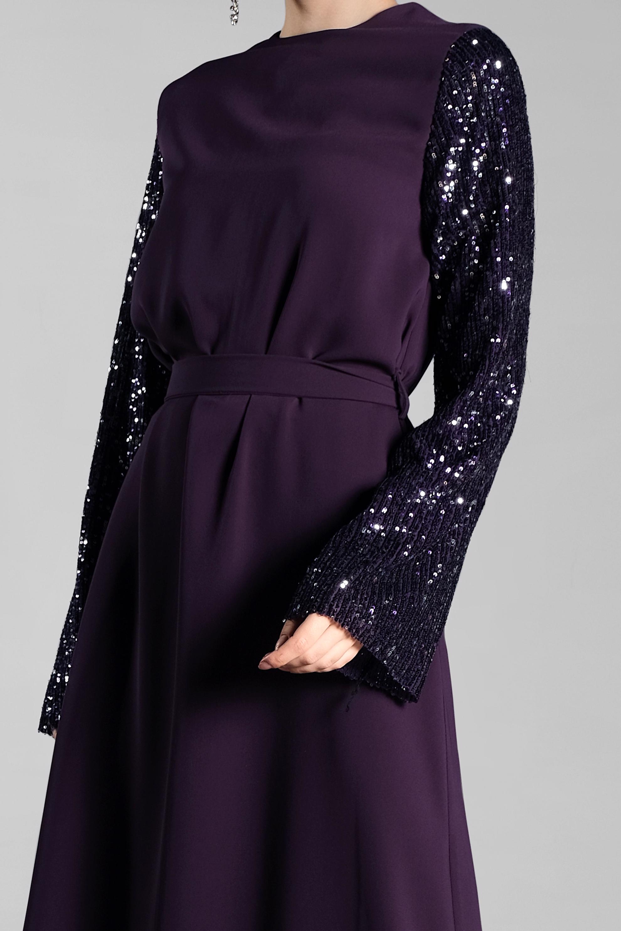 Tesettür giyim MOR KOLLARI PUL PAYETLİ BELİ KUŞAKLI ELBİSE 4508 