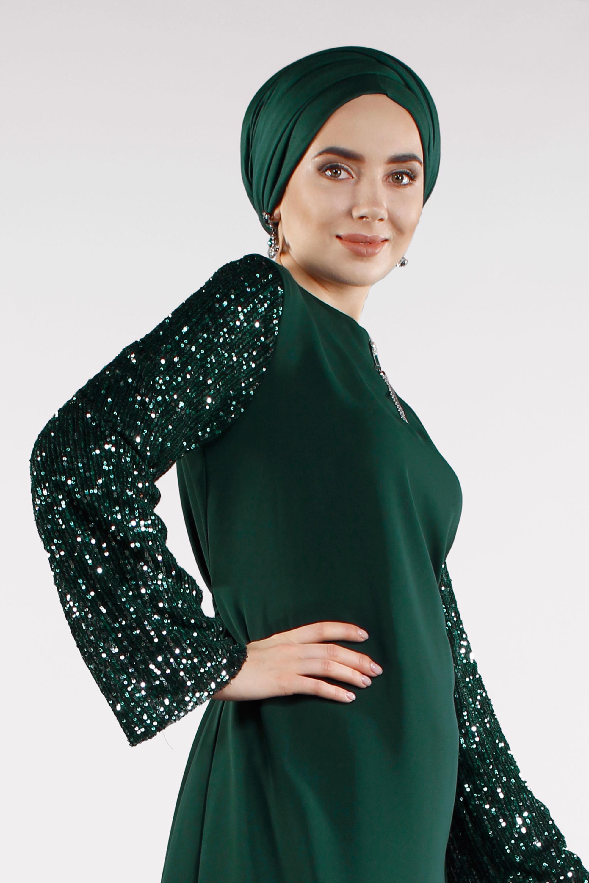 Tesettür giyim YEŞİL KOLLARI PUL PAYETLİ BELİ KUŞAKLI ELBİSE 4508 