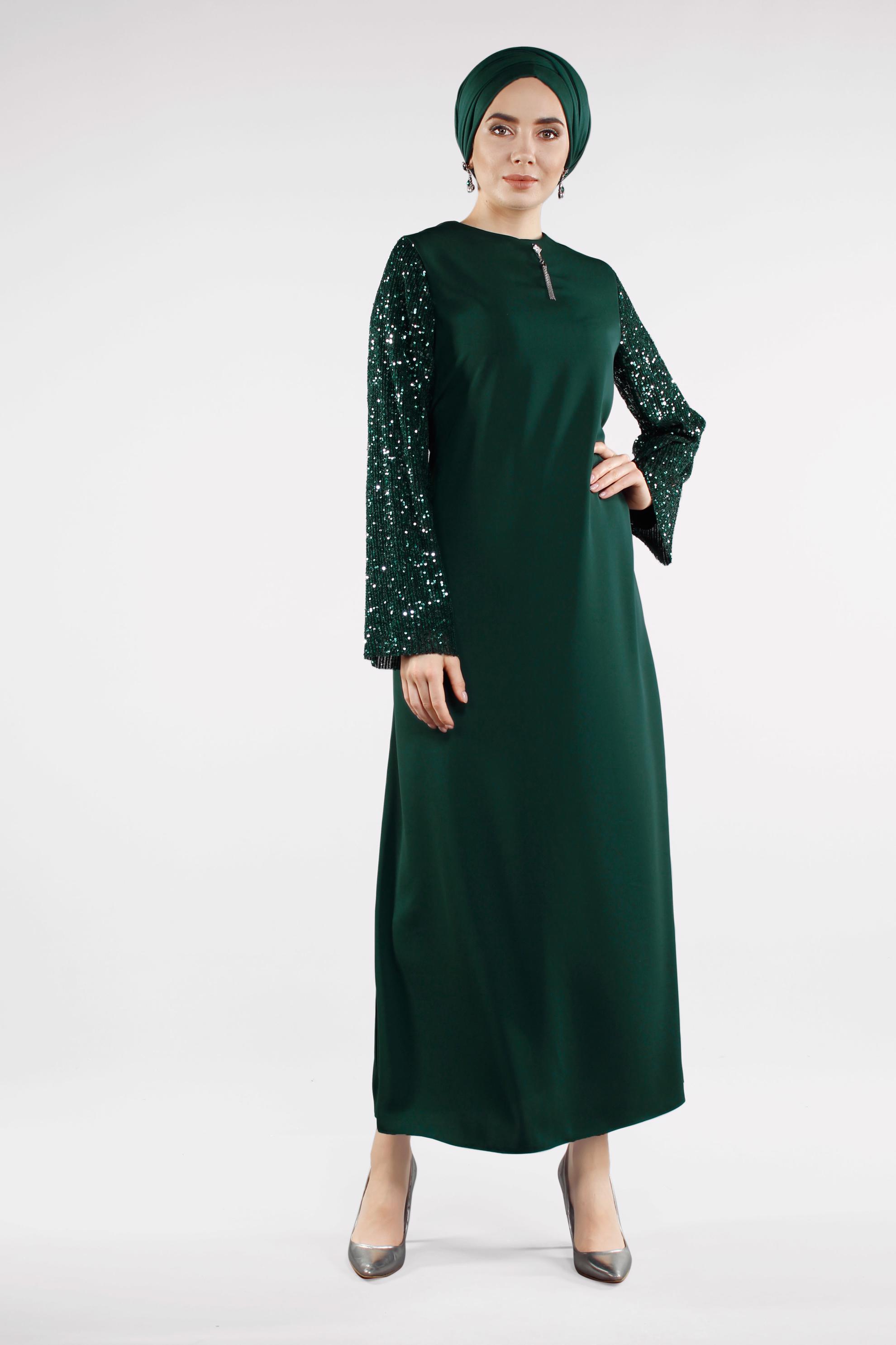 Tesettür giyim YEŞİL KOLLARI PUL PAYETLİ BELİ KUŞAKLI ELBİSE 4508 