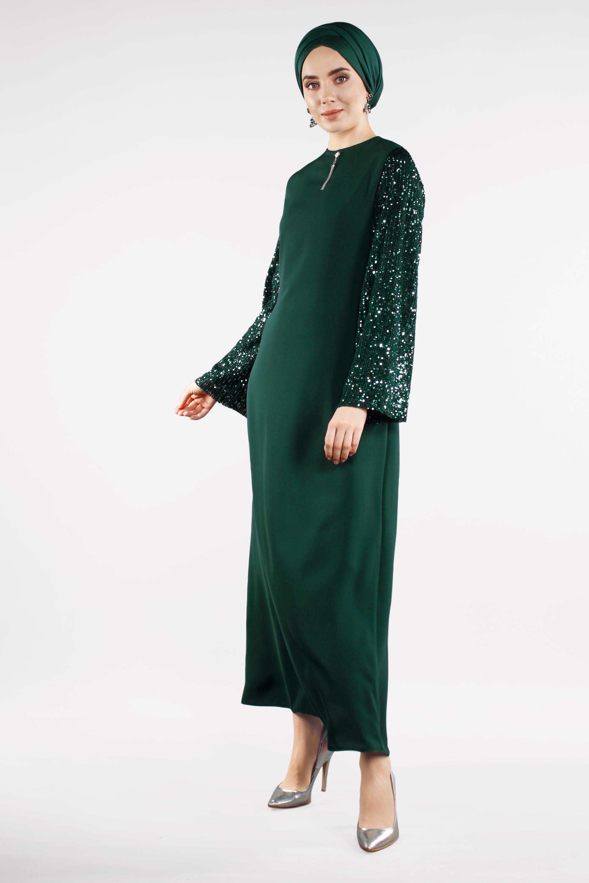 Tesettür giyim YEŞİL KOLLARI PUL PAYETLİ BELİ KUŞAKLI ELBİSE 4508 