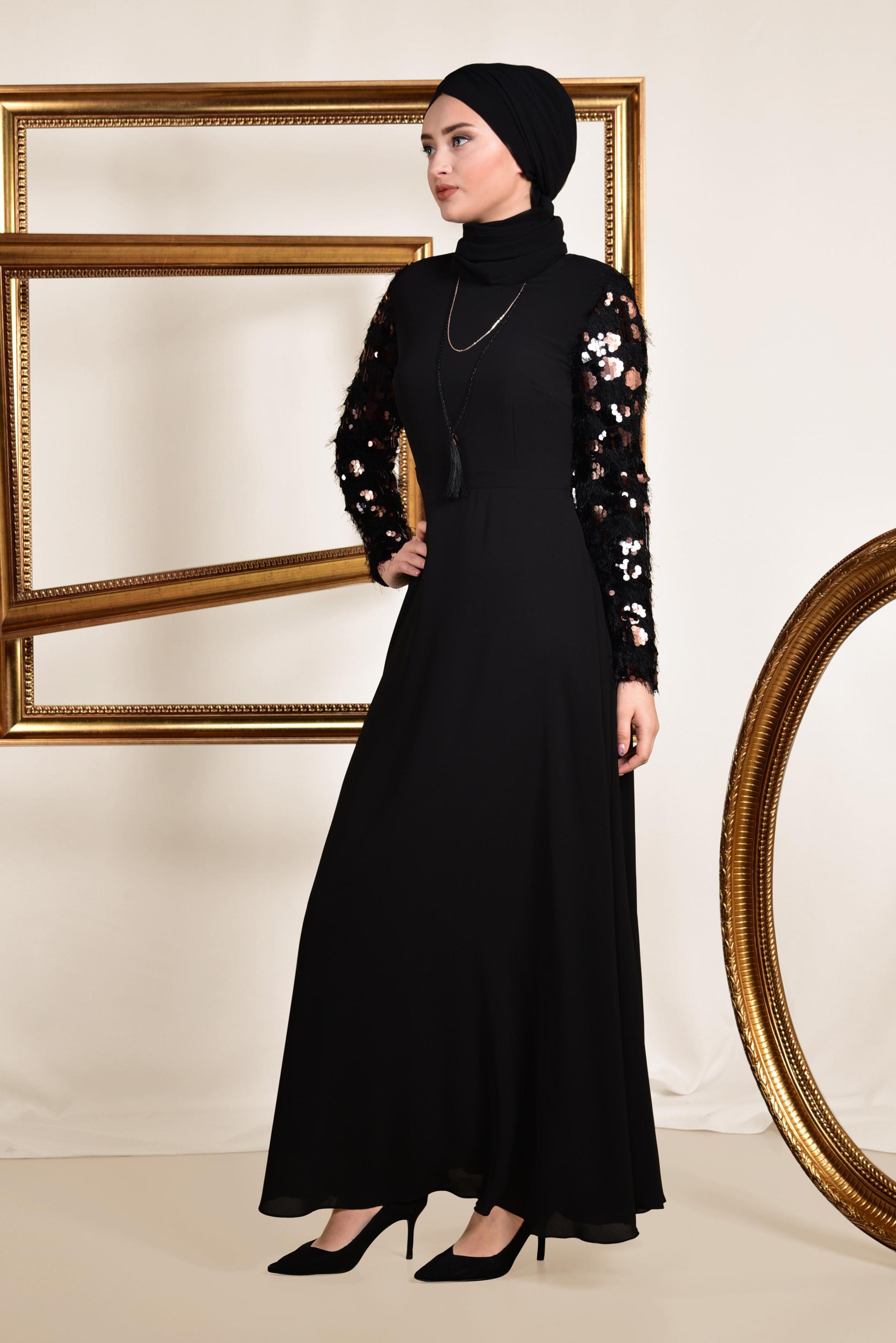 Tesettür giyim SİYAH KOLLARI PUL PAYET VE SAÇAKLI ELBİSE 4891