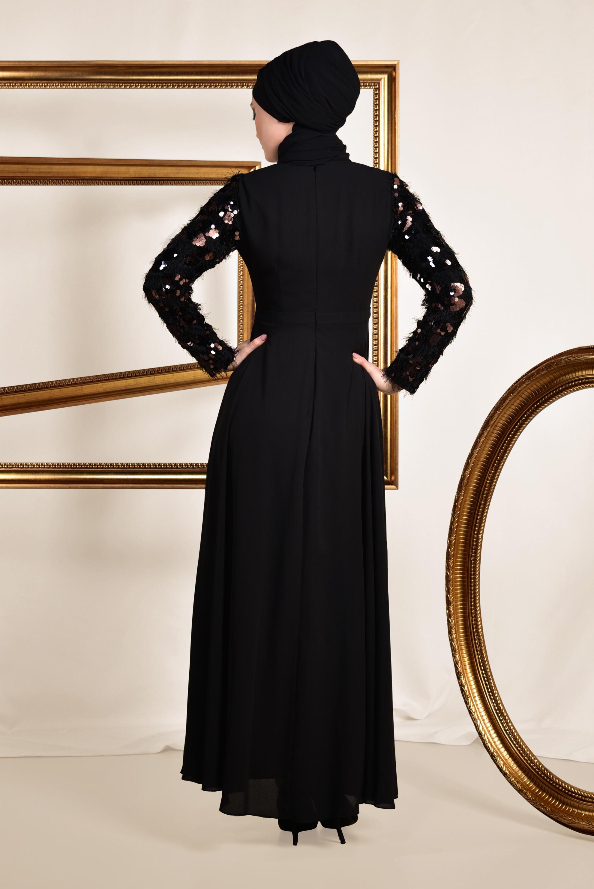 Tesettür giyim SİYAH KOLLARI PUL PAYET VE SAÇAKLI ELBİSE 4891