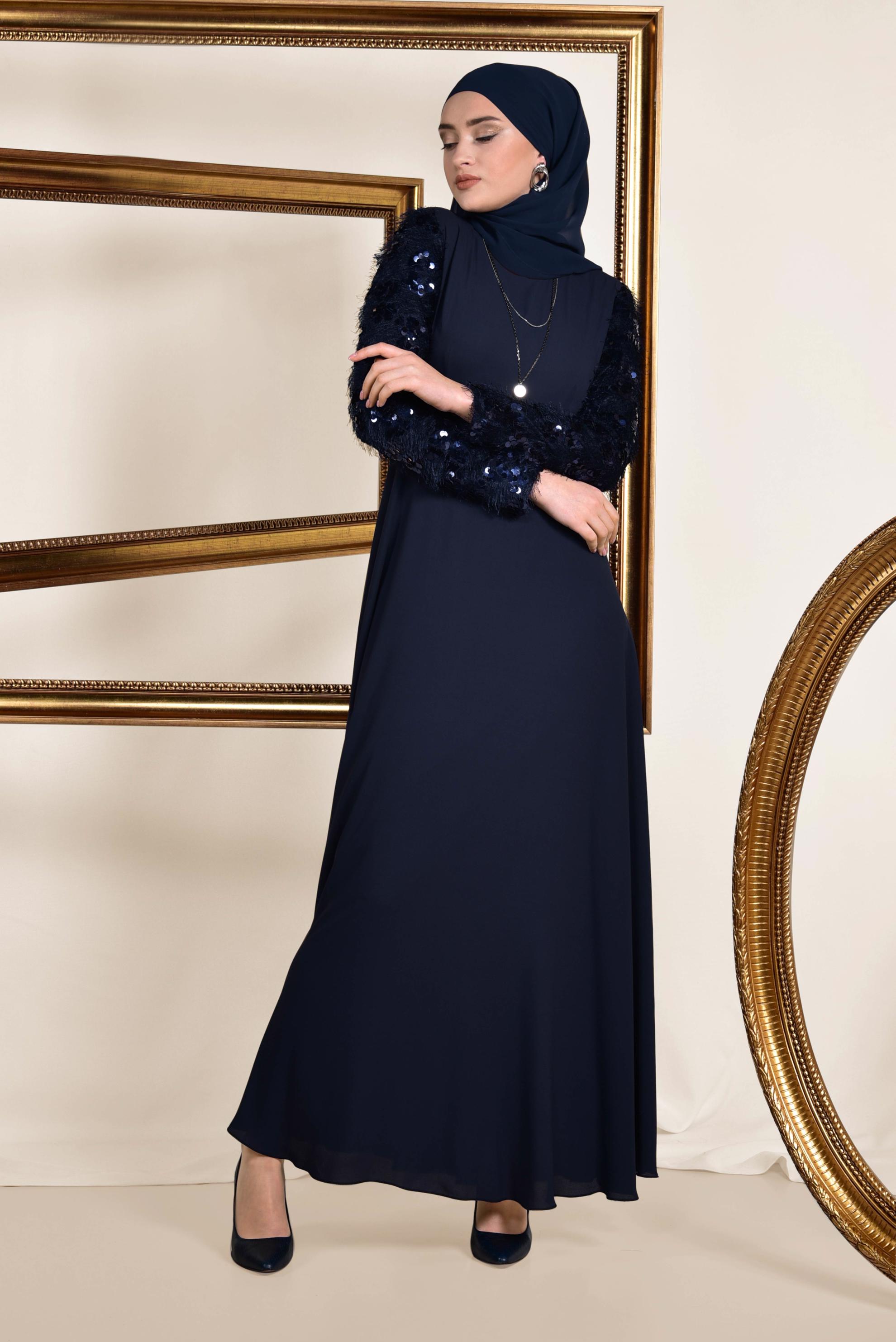 Tesettür giyim LACİVERT KOLLARI PUL PAYET VE SAÇAKLI ELBİSE 4891