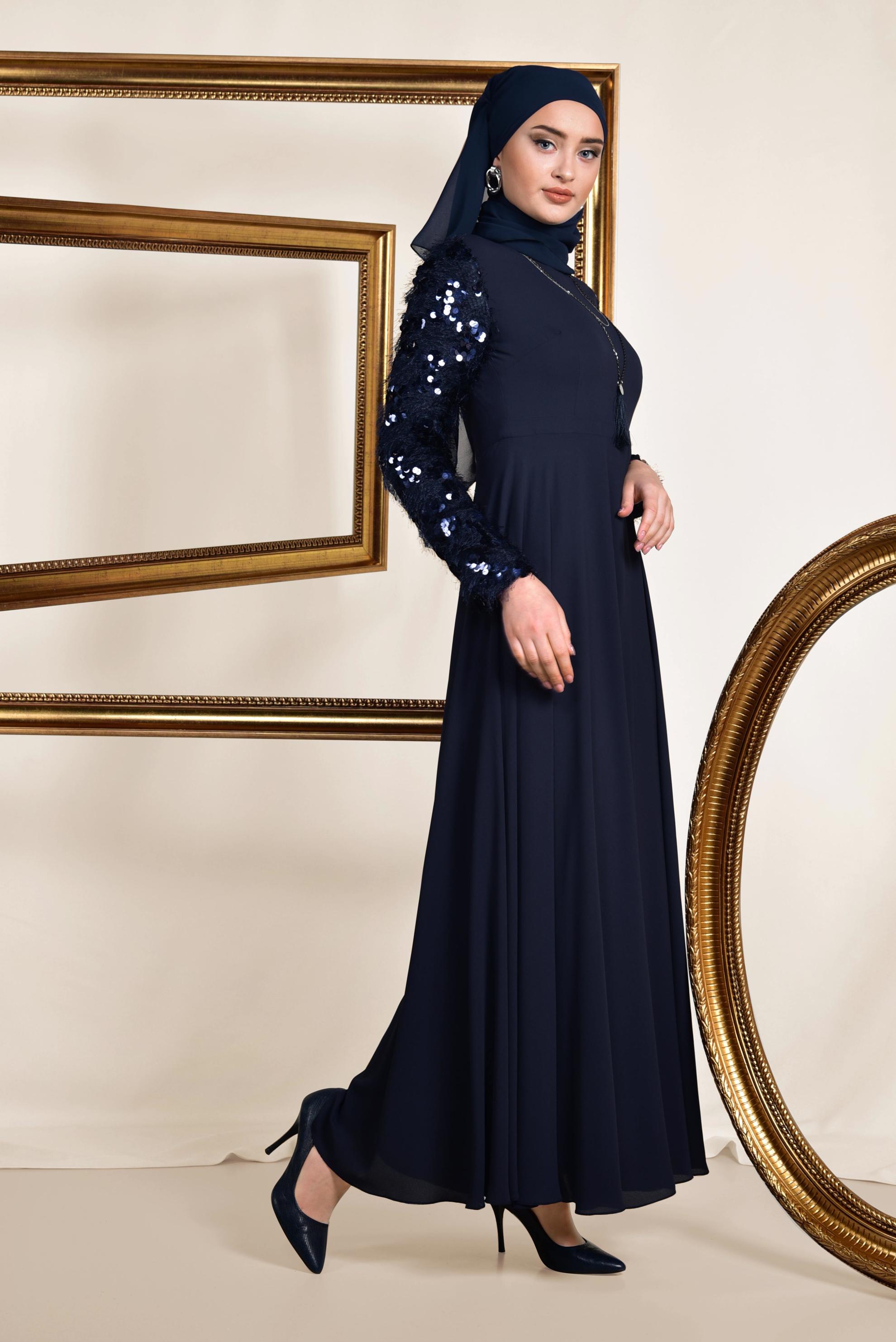 Tesettür giyim LACİVERT KOLLARI PUL PAYET VE SAÇAKLI ELBİSE 4891