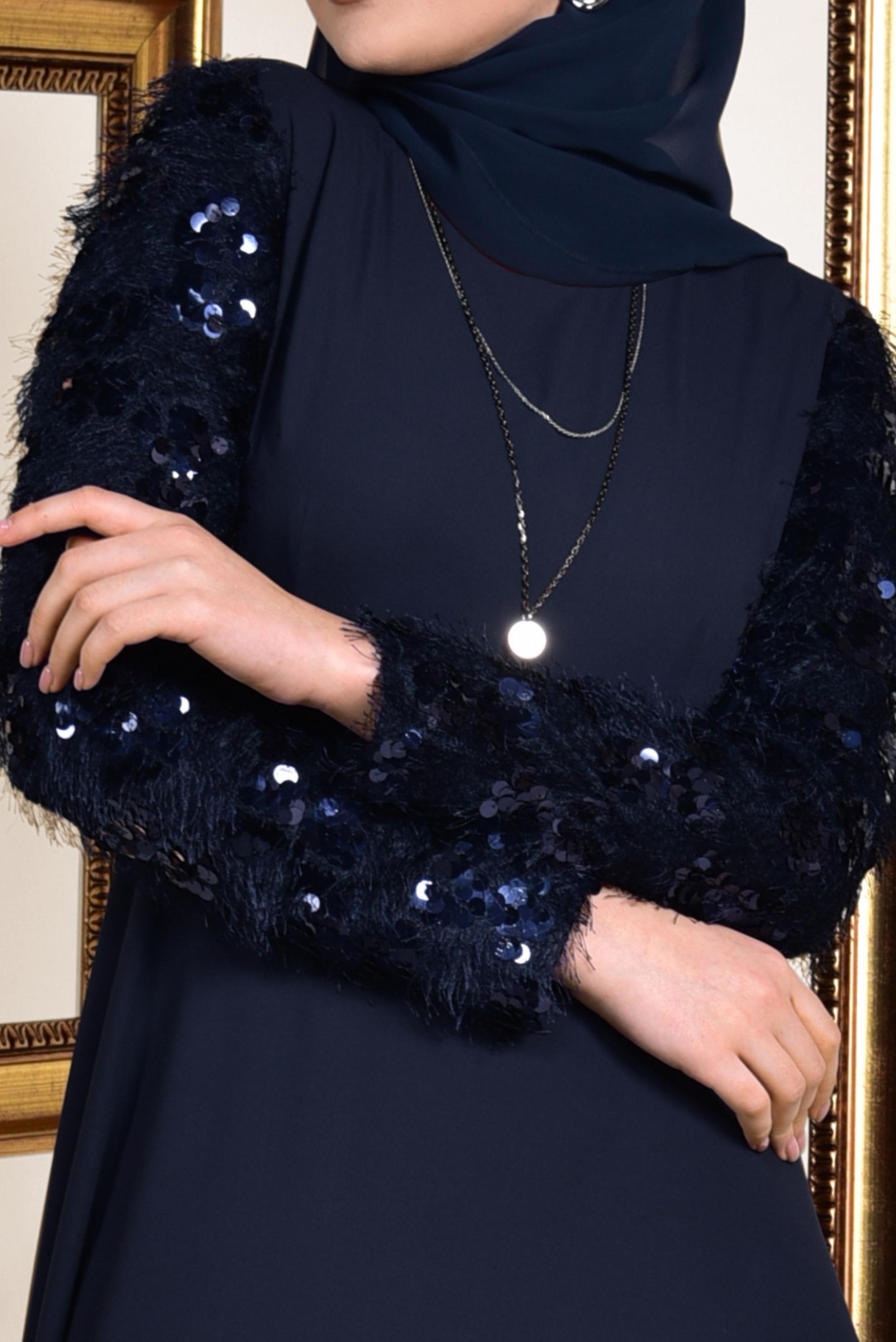 Tesettür giyim LACİVERT KOLLARI PUL PAYET VE SAÇAKLI ELBİSE 4891