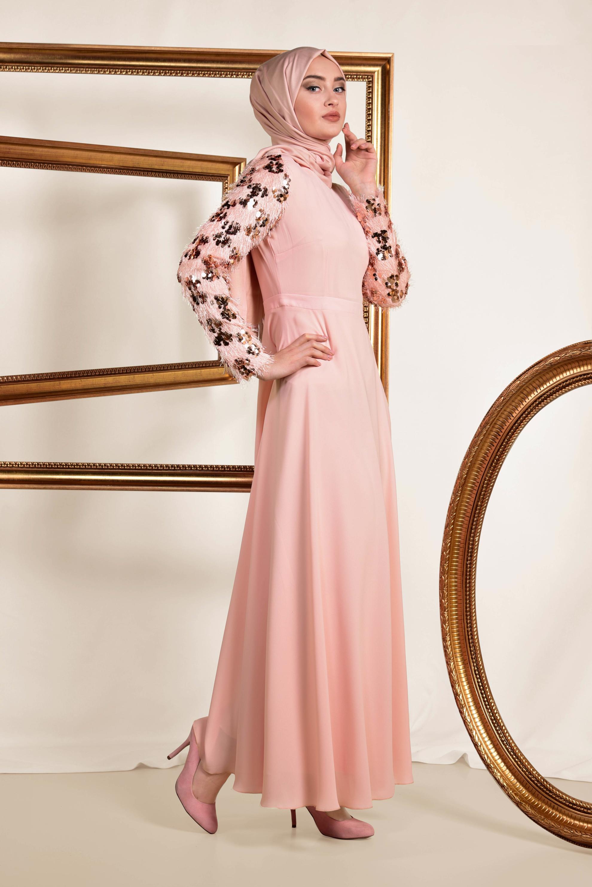 Tesettür giyim PUDRA KOLLARI PUL PAYET VE SAÇAKLI ELBİSE 4891