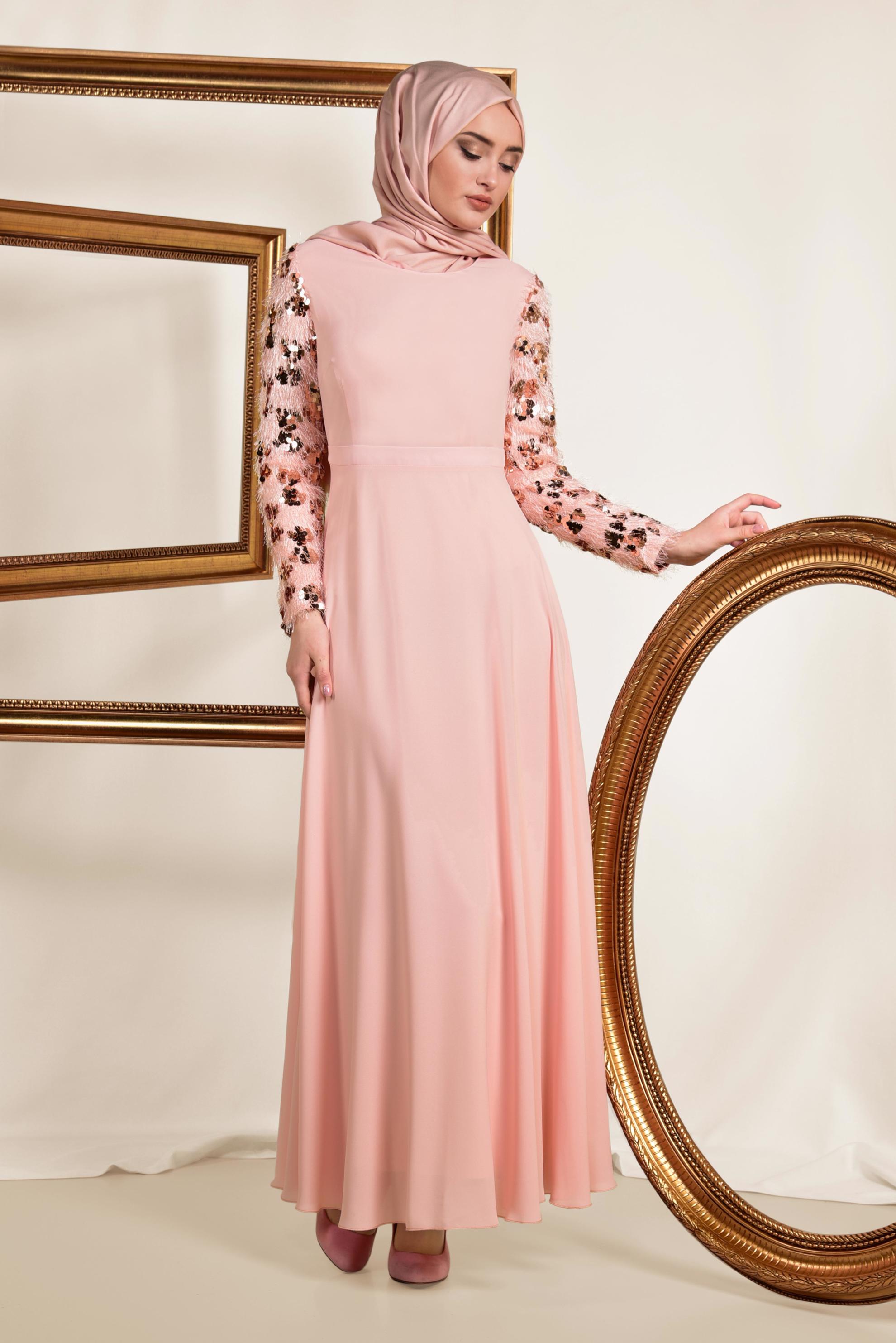 Tesettür giyim PUDRA KOLLARI PUL PAYET VE SAÇAKLI ELBİSE 4891