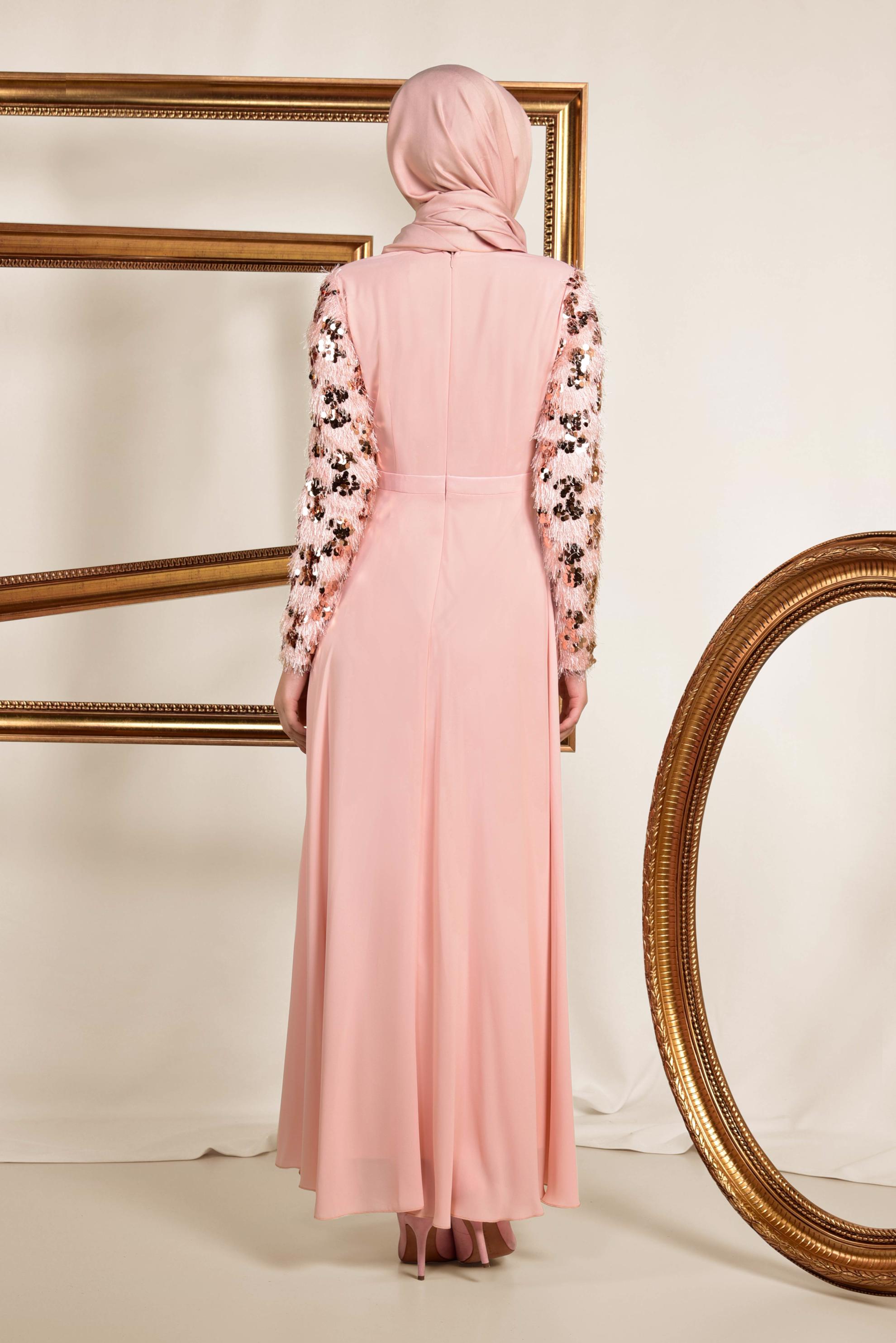 Tesettür giyim PUDRA KOLLARI PUL PAYET VE SAÇAKLI ELBİSE 4891