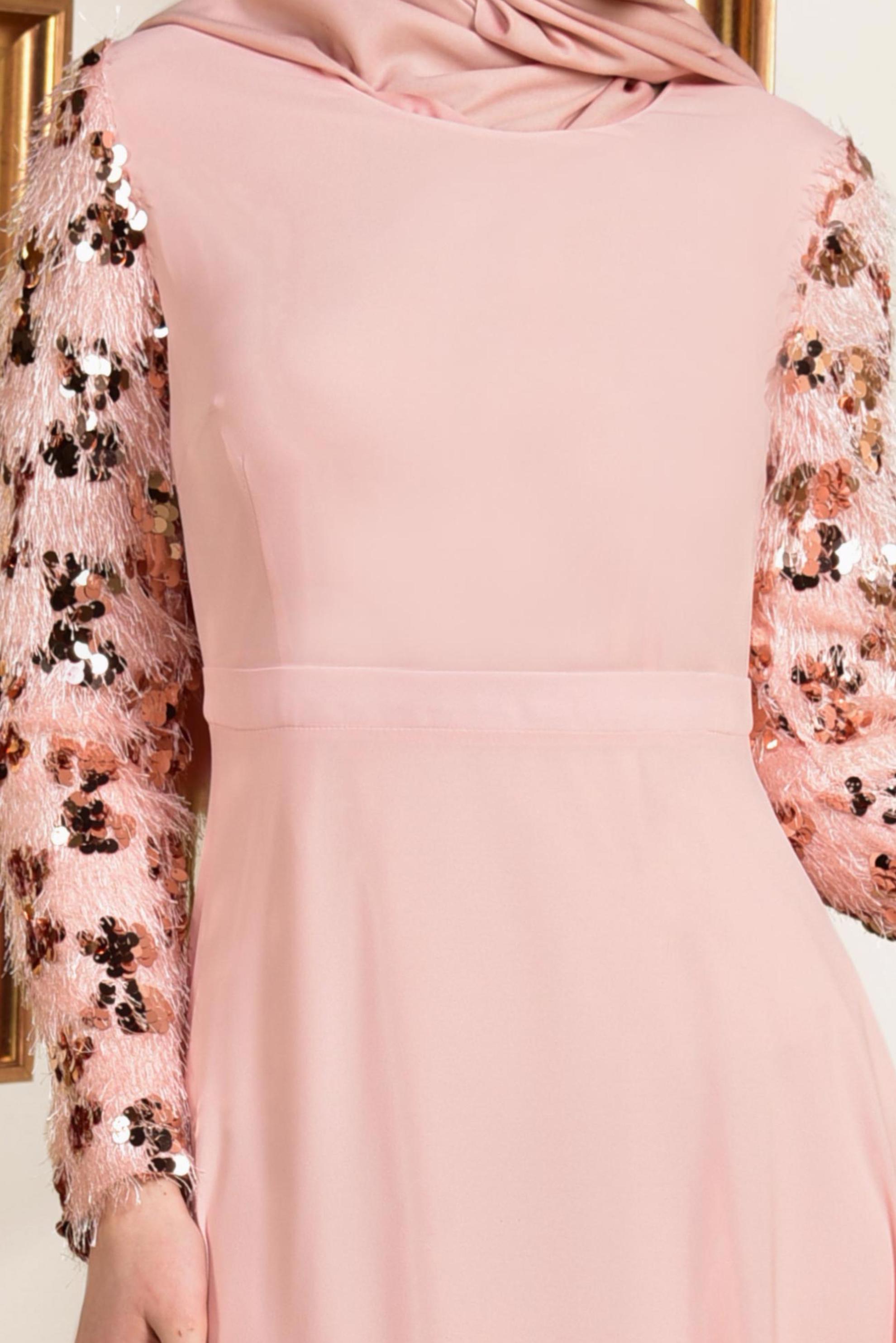 Tesettür giyim PUDRA KOLLARI PUL PAYET VE SAÇAKLI ELBİSE 4891