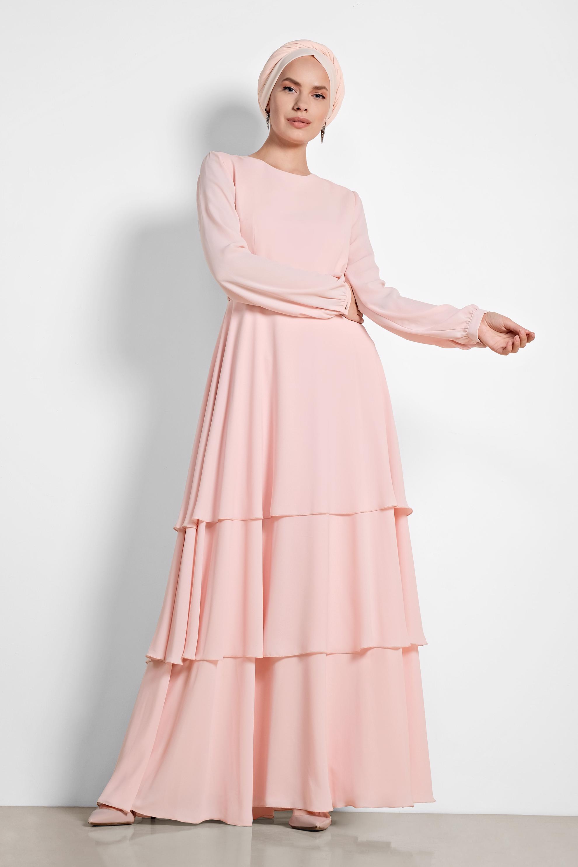 Tesettür giyim PUDRA KATKAT VOLANLI BELİ BAĞCIKLI ELBİSE 4926