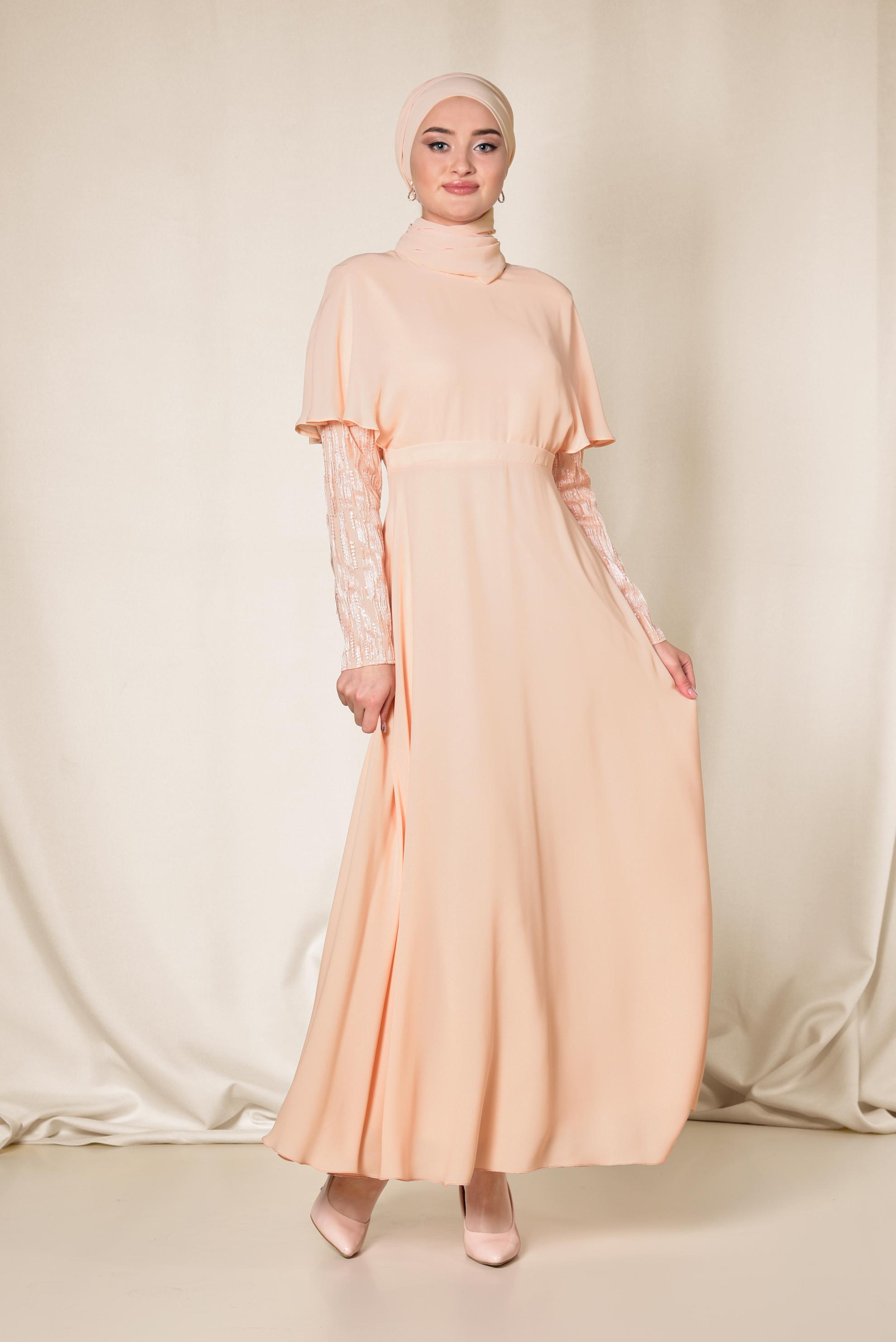 Tesettür giyim PUDRA VOLANLI ŞİFON ELBİSE 4927