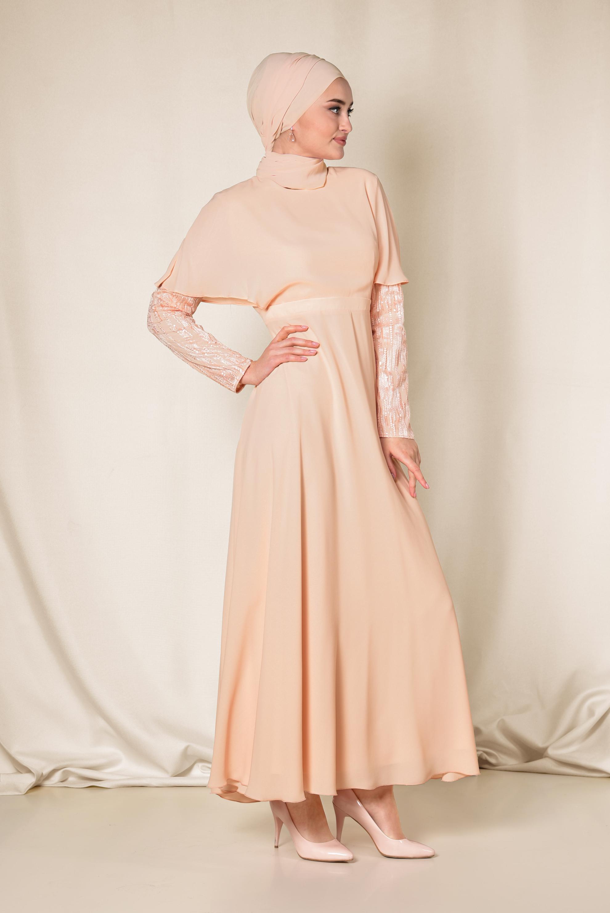 Tesettür giyim PUDRA VOLANLI ŞİFON ELBİSE 4927